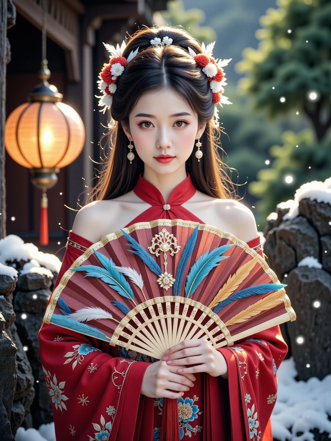 Ultra realistic portrait, Stunning delicate and refined Chinese woman stands in a quiet garden, holding a magnificent, exquisitely crafted luxurious fan that covers the lower part of her face, and her eyes are open; the fan has an elegant lattice, unique coloring, interweaving of bright feathers and silk tassels that sparkle in the soft golden light of a traditional Chinese lantern; the majestic beauty of the fan, the refined features of the woman's face, her striking gaze, evoke the unrivaled elegance and mystery of the East.