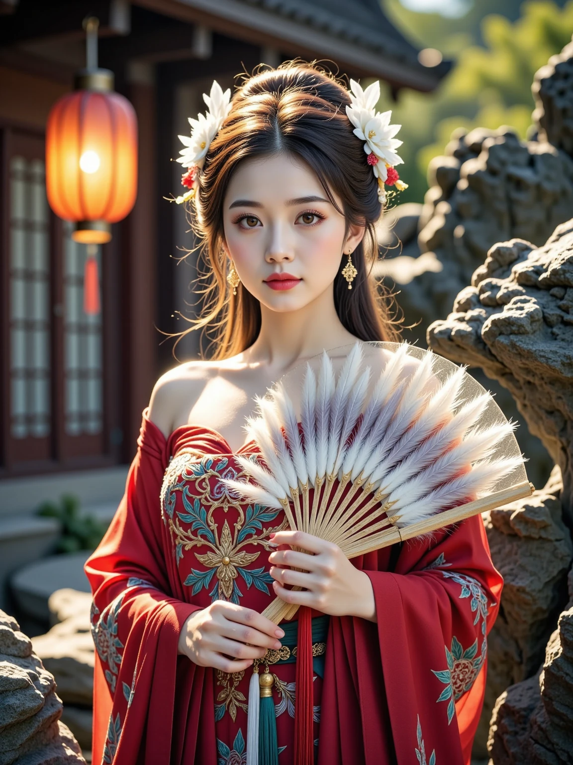 Ultra realistic portrait, Stunning delicate and refined Chinese woman stands in a quiet garden, holding a magnificent, exquisitely crafted luxurious fan that covers the lower part of her face, and her eyes are open; the fan has an elegant lattice, unique coloring, interweaving of bright feathers and silk tassels that sparkle in the soft golden light of a traditional Chinese lantern; the majestic beauty of the fan, the refined features of the woman's face, her striking gaze, evoke the unrivaled elegance and mystery of the East.