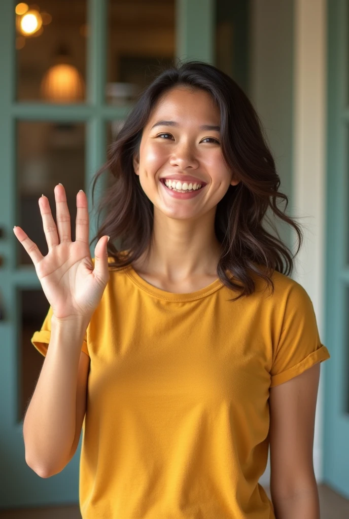araffe woman in green shirt showing fist up with both hands, excited expression, excited, an asian woman, excited facial expression, wearing a green sweater, photo of a woman, she expressing joy, with a blue background, young angry woman, very excited, a young asian woman, asian woman, intimidating woman, young asian woman, frustrated expression, showing victory ,Perfect hands, perfectfingers,