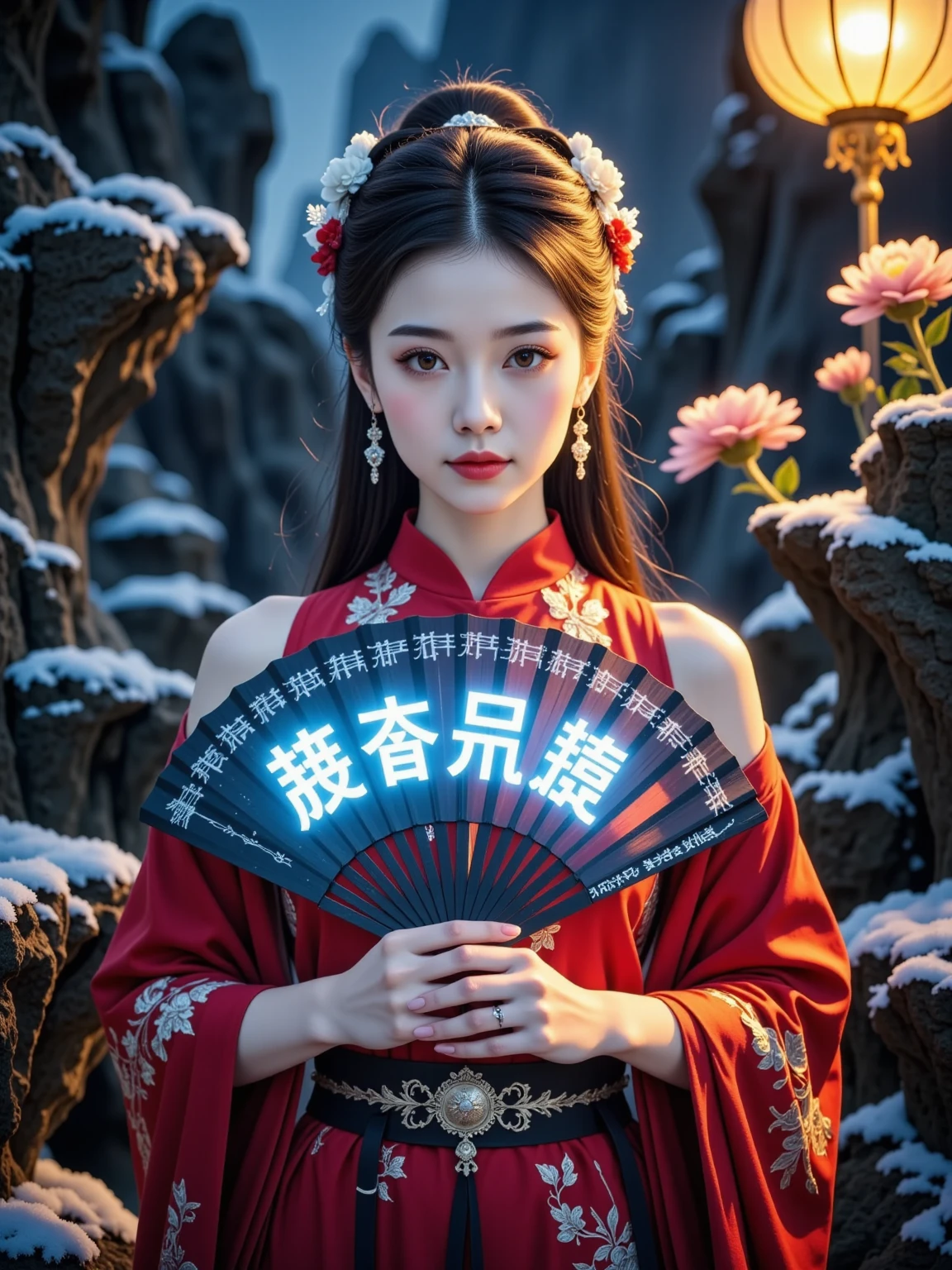  This is a surreal portrait ， depicts a luxurious 、Futuristic、 A sophisticated Chinese woman standing in a high-tech garden illuminated by soft nighttime lighting。 She holds an extraordinary bionic fan ， made of a flexible light-emitting LED panel ， with glowing Chinese characters ， emits mysterious fluorescence 。 The fan covers part of her face ，, you can only see her sharp and expressive eyes ，Exudes elegance and mystery， and her quasi-bionic hairstyle inspired by Chinese alien galaxy culture 。In the background， The garden is complemented by subtle futuristic elements ， like holographic flowers and softly glowing paths ， all bathed in warmth In the golden light ， reminiscent of a traditional lantern ， but has unprecedented futuristic modernity 、The beauty of fashion 。 This atmosphere conveys a seamless combination of traditional elegance and cutting-edge bionic technology ， highlights tradition and tradition The fascinating interaction of innovation 。