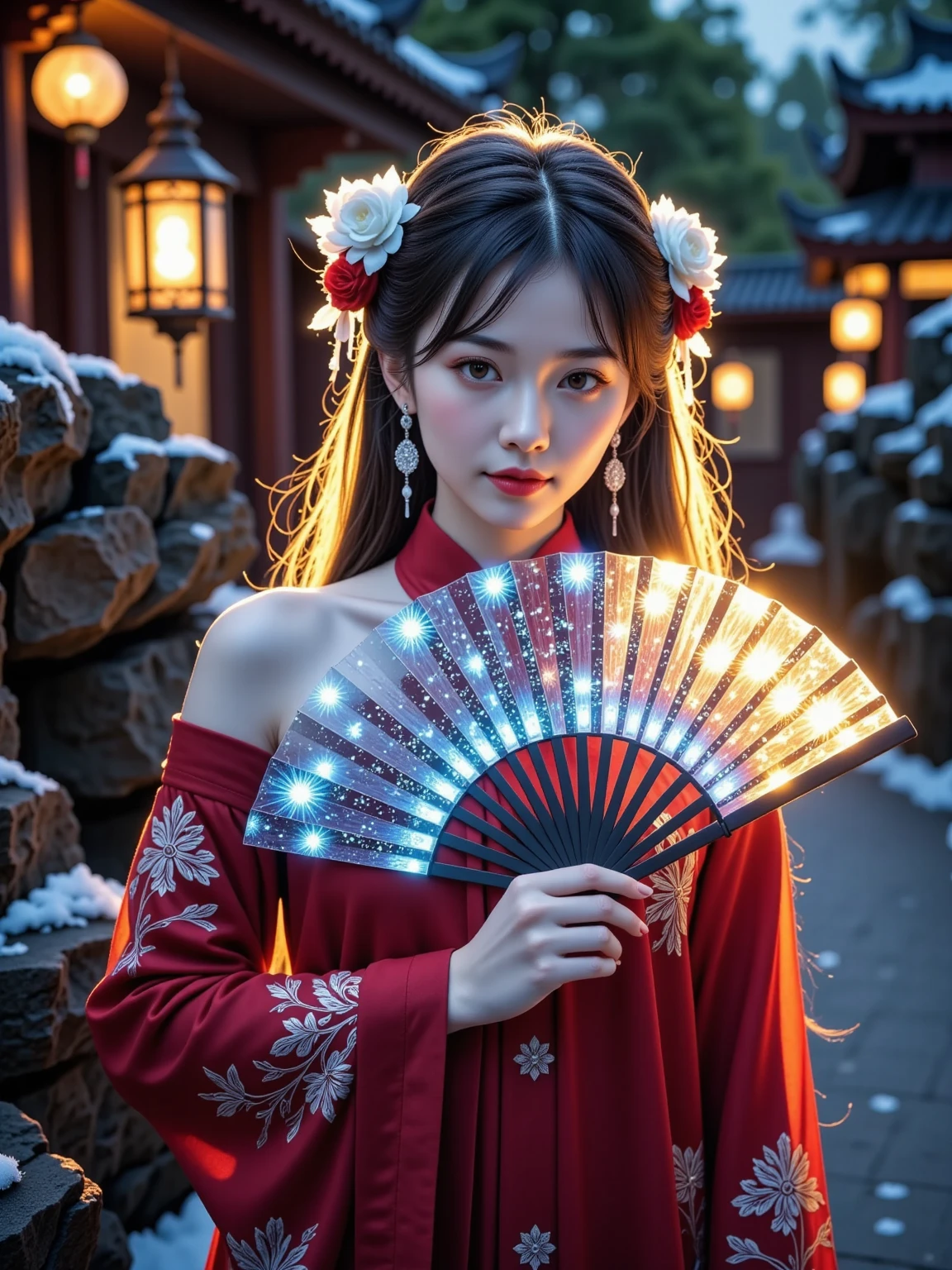  This is a surreal portrait ， depicts a luxurious 、Futuristic、 A sophisticated Chinese woman standing in a high-tech garden illuminated by soft nighttime lighting。 She holds an extraordinary bionic fan ， made of a flexible light-emitting LED panel ， with glowing Chinese characters ， emits mysterious fluorescence 。 The fan covers part of her face ，, you can only see her sharp and expressive eyes ，Exudes elegance and mystery， and her quasi-bionic hairstyle inspired by Chinese alien galaxy culture 。In the background， The garden is complemented by subtle futuristic elements ， like holographic flowers and softly glowing paths ， all bathed in warmth In the golden light ， reminiscent of a traditional lantern ， but has unprecedented futuristic modernity 、The beauty of fashion 。 This atmosphere conveys a seamless combination of traditional elegance and cutting-edge bionic technology ， highlights tradition and tradition The fascinating interaction of innovation 。