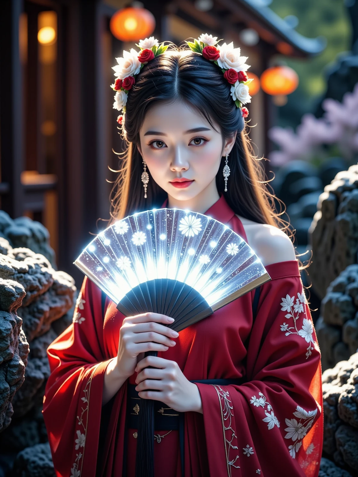  This is a surreal portrait ， depicts a luxurious 、Futuristic、 A sophisticated Chinese woman standing in a high-tech garden illuminated by soft nighttime lighting。 She holds an extraordinary bionic fan ， made of a flexible light-emitting LED panel ， with glowing Chinese characters ， emits mysterious fluorescence 。 The fan covers part of her face ，, you can only see her sharp and expressive eyes ，Exudes elegance and mystery， and her quasi-bionic hairstyle inspired by Chinese alien galaxy culture 。In the background， The garden is complemented by subtle futuristic elements ， like holographic flowers and softly glowing paths ， all bathed in warmth In the golden light ， reminiscent of a traditional lantern ， but has unprecedented futuristic modernity 、The beauty of fashion 。 This atmosphere conveys a seamless combination of traditional elegance and cutting-edge bionic technology ， highlights tradition and tradition The fascinating interaction of innovation 。