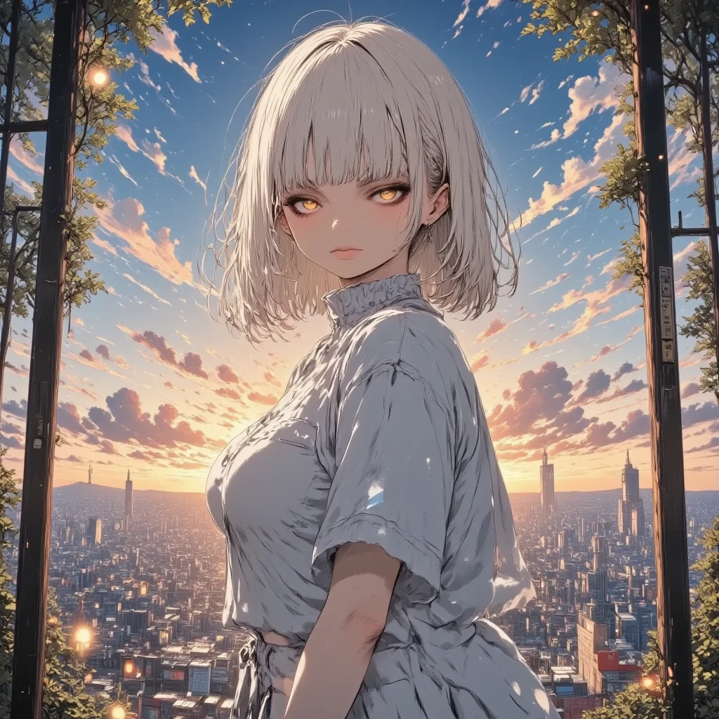 masterpiece, solo, rough stroke anime, 1girl, full body, panorama,  white hair, short hair, sharp line art, detailed illustration, long eyelashes, cinematic lighting, ambient light, volumetric lighting, ultra aesthetic environment, 8k, 16k, hdr, best quality, indirect lighting, super quality composition,sunset , realistic anime background, cinematic lighting, bokeh , blurry background, tokyo city,