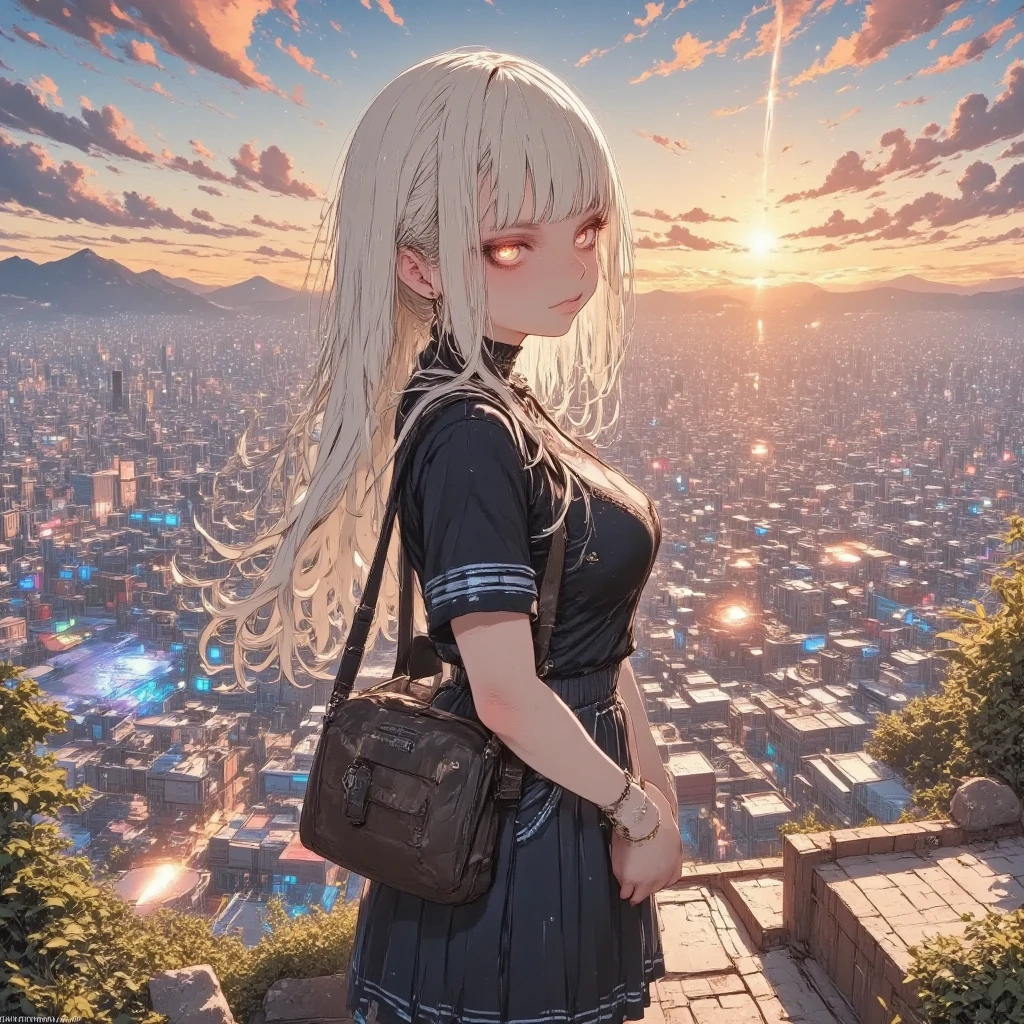 masterpiece, solo, rough stroke anime, 1girl, full body, panorama,  white hair, short hair, sharp line art, detailed illustration, long eyelashes, cinematic lighting, ambient light, volumetric lighting, ultra aesthetic environment, 8k, 16k, hdr, best quality, indirect lighting, super quality composition,sunset , realistic anime background, cinematic lighting, bokeh , blurry background, tokyo city,