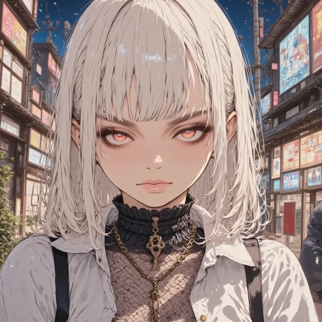 masterpiece, solo, rough stroke anime, 1girl, full body, panorama,  white hair, short hair, sharp line art, detailed illustration, long eyelashes, cinematic lighting, ambient light, volumetric lighting, ultra aesthetic environment, 8k, 16k, hdr, best quality, indirect lighting, super quality composition,sunset , realistic anime background, cinematic lighting, bokeh , blurry background, tokyo city,