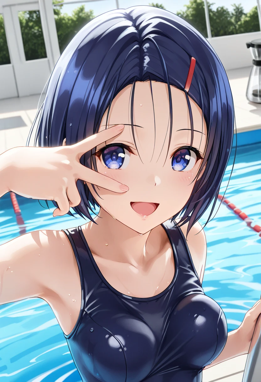 (ultra realistic photo, raw photo, portrait, Realism, 3D rendering, from movie stills, blender render), break, One Girl ,Haruna Sairenji \(ToLOVEru\), Blue Hair,  blue eyes,  school swimsuit,(medium breasts:1.1),break (School, Pool, ),break (from above, looking away, face focus),(stand still, v over eye, open mouth),break [bouncing breasts:1.2],(in the pool, having fun, water surface reflection, summery atmosphere, bright colors),break 