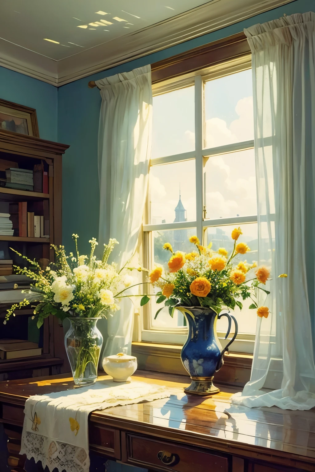 Oil painting still life , old illustration of a window on a sunny day, rainbow-colored light from heaven , Soft light, Raindrops , lace curtain, flower, fruit, Dynamic Light