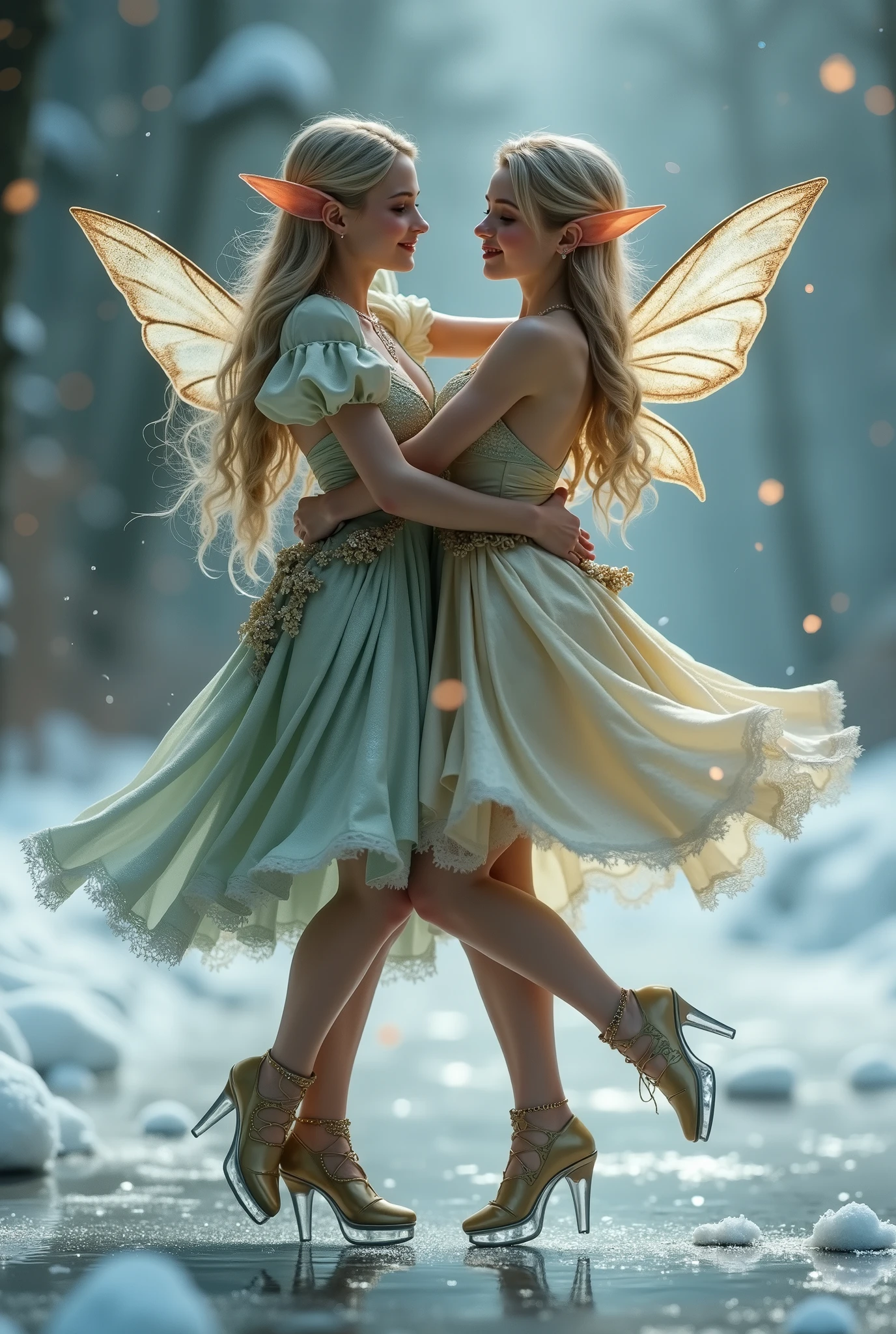 A beautiful dance on ice featuring two elfs, dressed in glossy dresses, realistic and fantastical atmosphere, ethereal lighting, intricate details, whimsical background, soft glows, elegant poses, magical winter scenery
