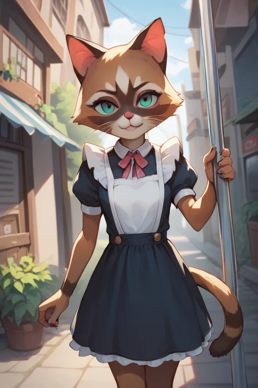 score_9, score_8_  up, score_7_  up, score_6_  up, score_5_  up, Anime line break ，nsfw， Top Quality，masterpiece，(  detailed biography  :1.2)，  fisheye lens，  dynamic angle with blue lightning,  wide shot,A curious Siamese cat in maid clothes :1.3、 is looking at me by peeking only at my face from the side of a telephone pole in the back alley，The cat that works as a housekeeper ， that figure is a cat ，It's like Detective ，