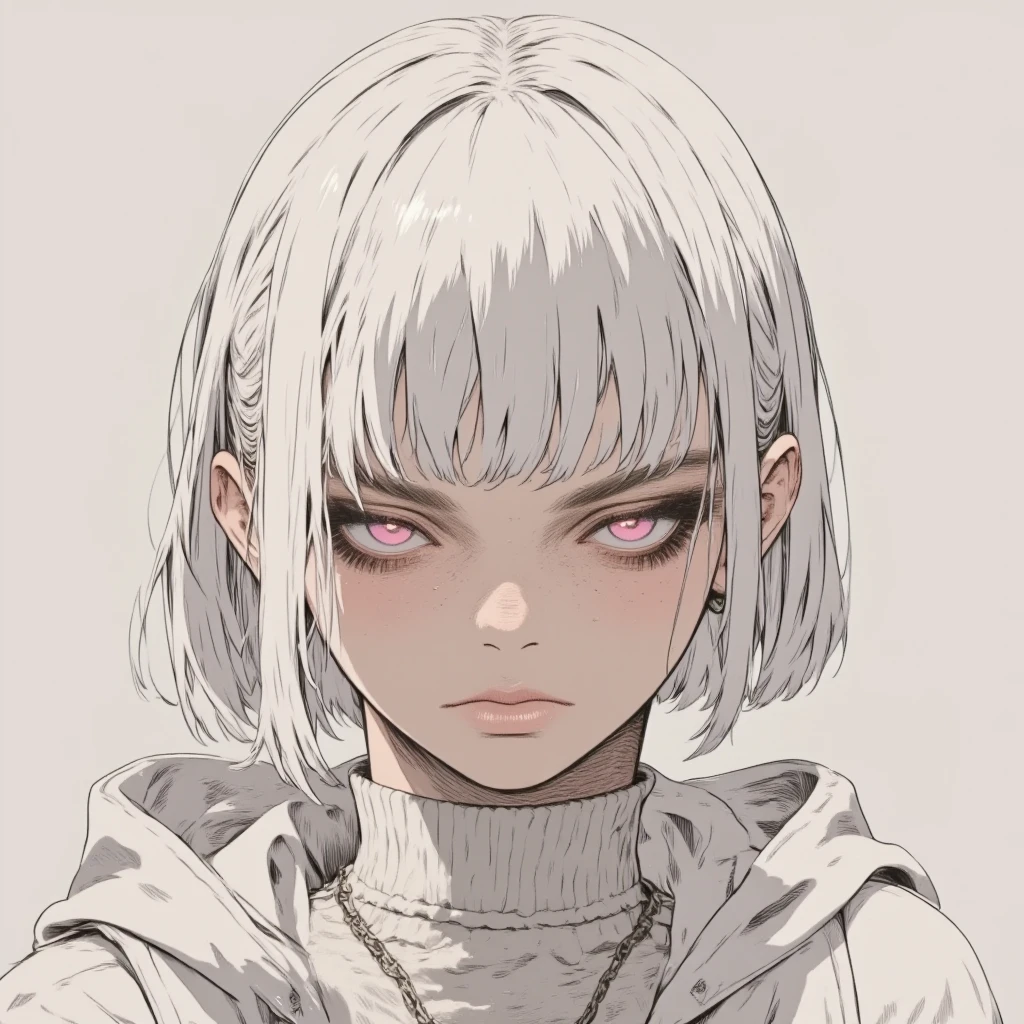 masterpiece, solo, rough stroke anime, flat color anime, 1girl, white hair, short hair, sharp line art, detailed illustration, long eyelashes, hoodie
