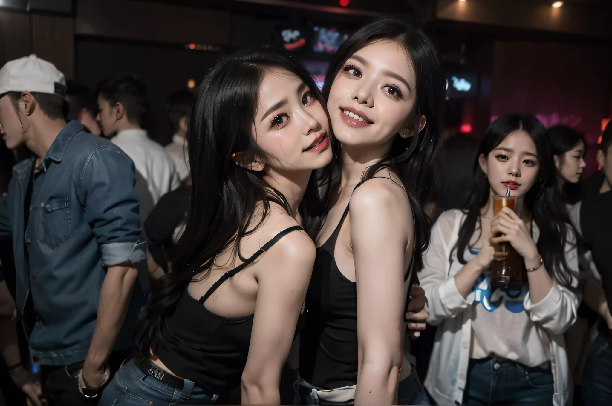 identical twin sisters、(In 8K、 Raw photo、highest quality,、High resolution),、(hyper realistic)、(realistic),、soft light、、with a girl、lifelike face、realistic body、real looking skin、absurd、masterpiece、cuties、solo、innocent eyes、鬠红、movie theater lighting、cherry color lip、hair 、Close-up、looking at the viewer、 open lips,、upper teeth,、(smiling eyes:0.6)、focus of the eye、professionally lit、CG social trends、plastic en、((黒い長いhair))、((Beautiful woman))、(laughter)、Snazzy、Happy -、fashion magazine、((cinematic lighting))、grin、ride a horse、