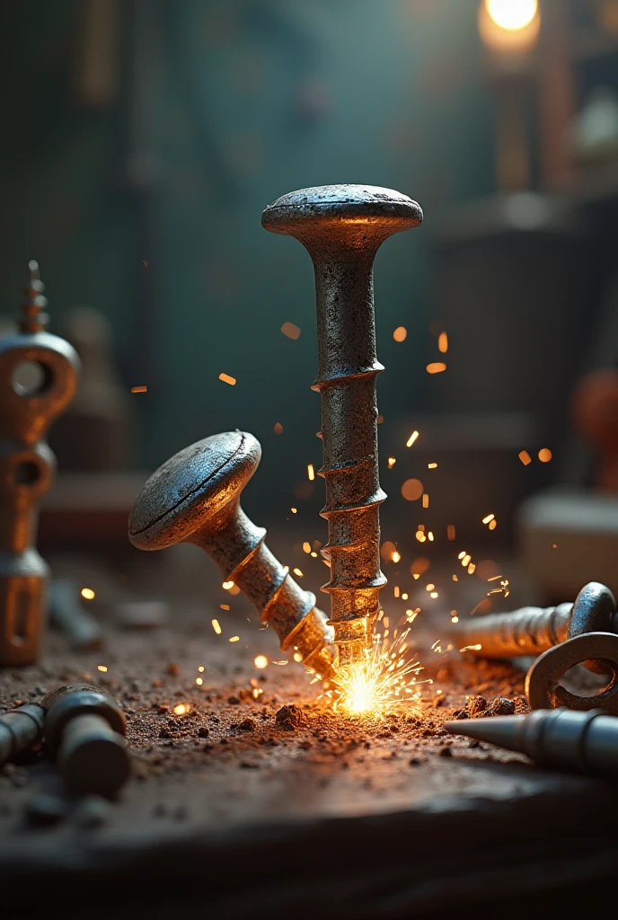 A hammer driving a screw into the handle and rays come out
