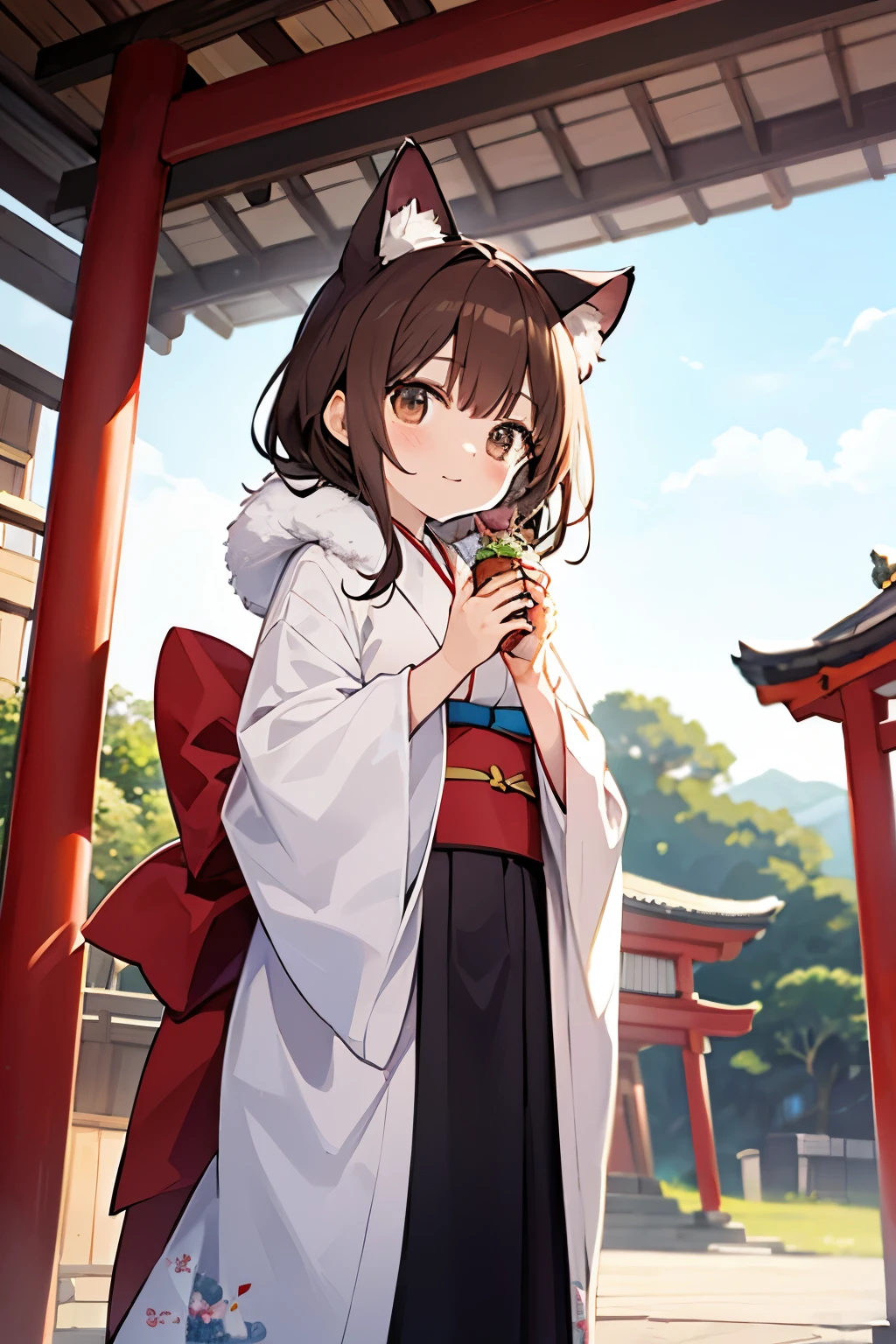 brown hair Fluffy Long Cat ears kimono first visit of the year to a shrine