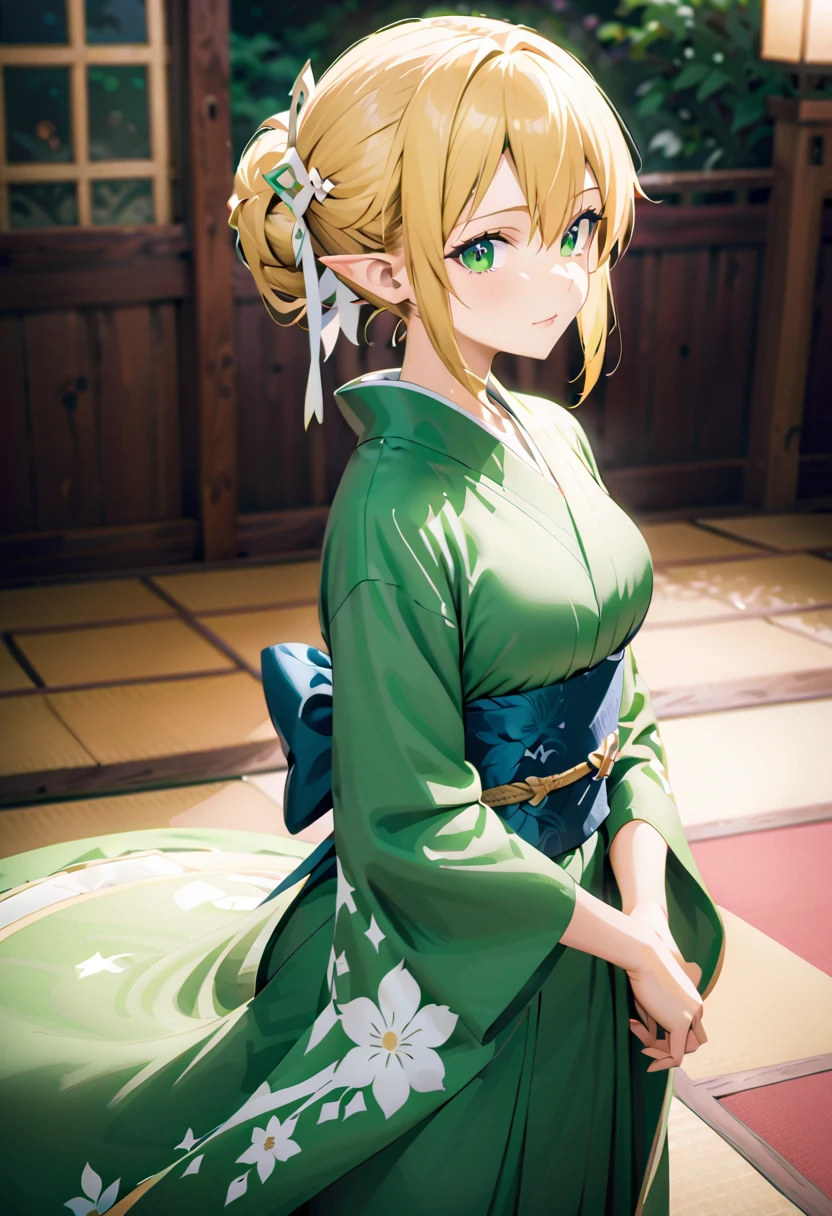 Leafa、Blonde、Hair tied at back 、Hairpin、 elf ears 、 dress、Long-sleeved kimono、草色のLong-sleeved kimono、dark green belt 、Elegant clothes 、Long-sleeved kimono、 dress、 hair ornament、Floral、Wide sleeve