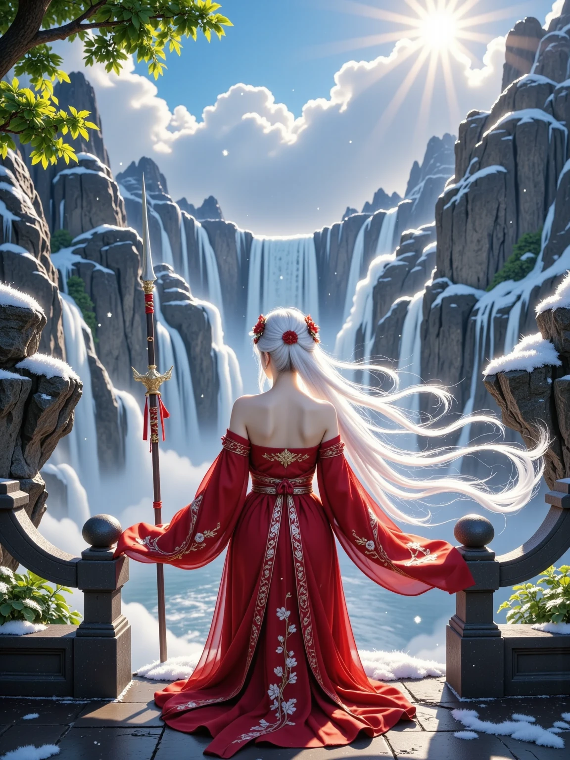  surreal CG rendering of ancient China，A Chinese woman，Wearing red Hanfu，Dress fluttering in the wind，Standing on the bridge with her back to the viewer，She is looking at a waterfall in the distance ，A waterfall is thousands of feet high， with a spear ，Big weeping willows， sunshine，fairy tale， lighting effects ，fantasy，Thomas Kincaid， Unreal Engine ， Surreal Style，4K，Ultra wide angle，Art Station