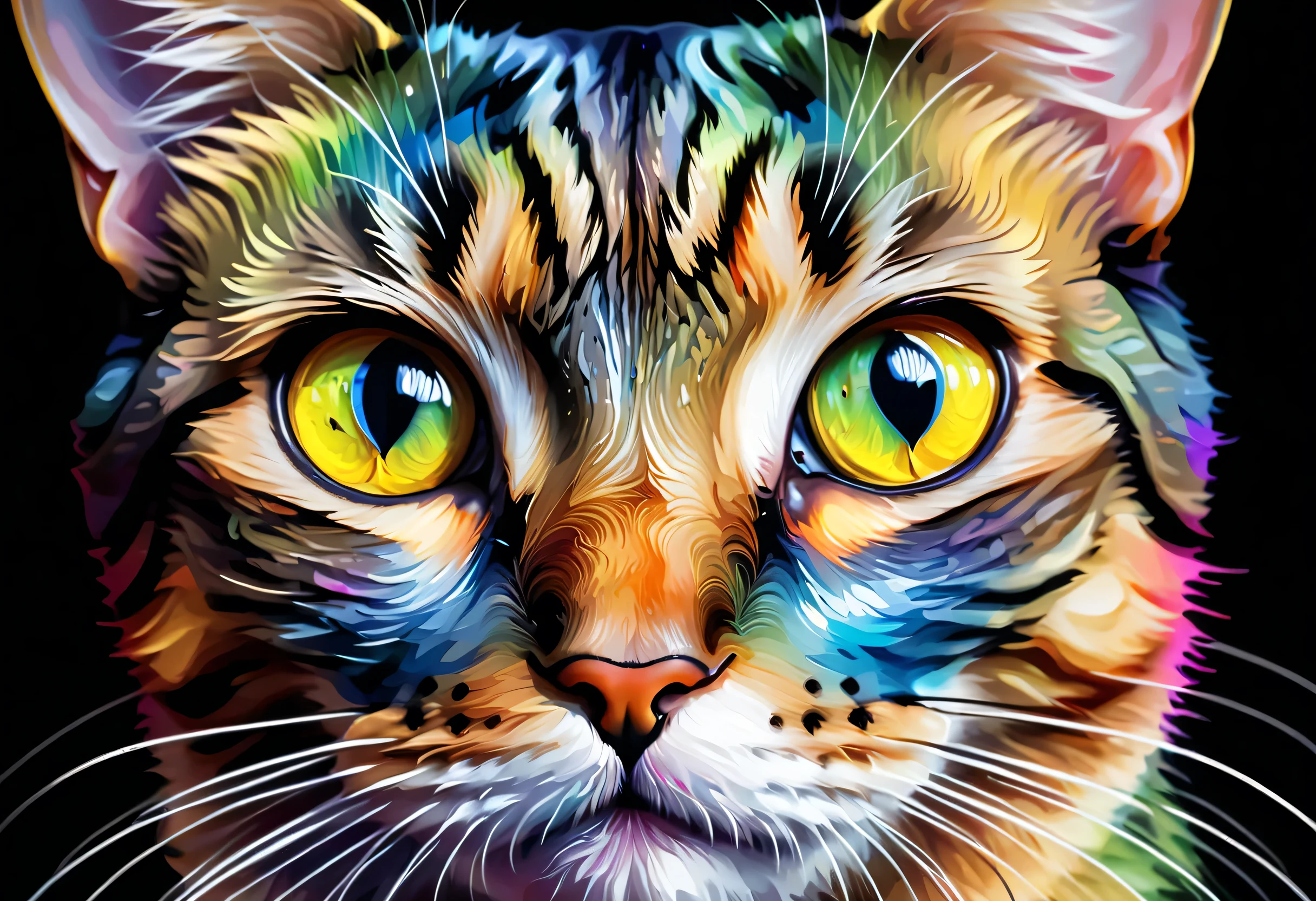 painting of a cat with a colorful face and eyes, BEAUTIFUL 4K ART , 4k EXQUISITE DIGITAL ART, cat. digital paint, 4K Detailed Digital Art, digital paint highly detailed, beautiful digital artwork, Detailed painting 4k, highly detailed digital paint, EXQUISITE DIGITAL ART, stunning digital paint, amazing digital art, 8k Amazing work