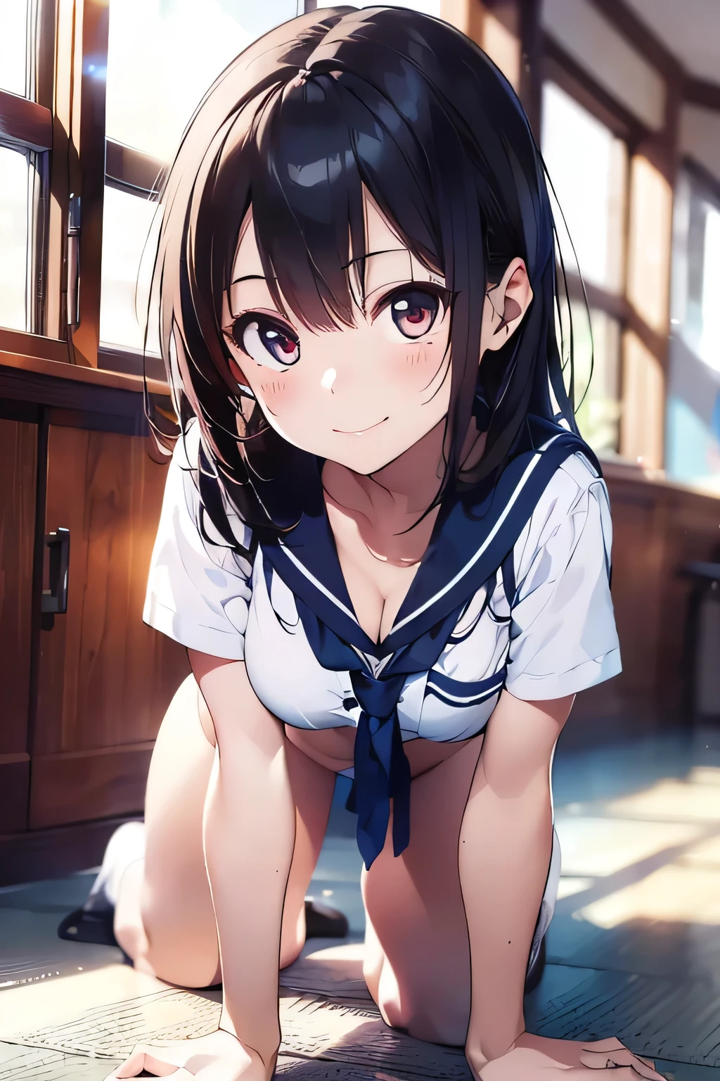 (extremely high quality artwork), (extremely detailed CG 8k), (masterpiece) ,(extremely cute girl), short, (innocent face), ((innocent smile)), shiny hair, (slim body), (small breasts), ((finely detailed beautiful eyes)), (eyes with brightness), look at viewer, (seductively posing on all fours on floor), (spread legs), ((nsfw)), ((school uniform)), (white sailor suit), ((cleavage)), ((no bra)), (((lower body is completely naked))), (((no panties))), beautiful skin, pale skin, shiny skin, (bright color), vibrant colors, natural light, (glare), 