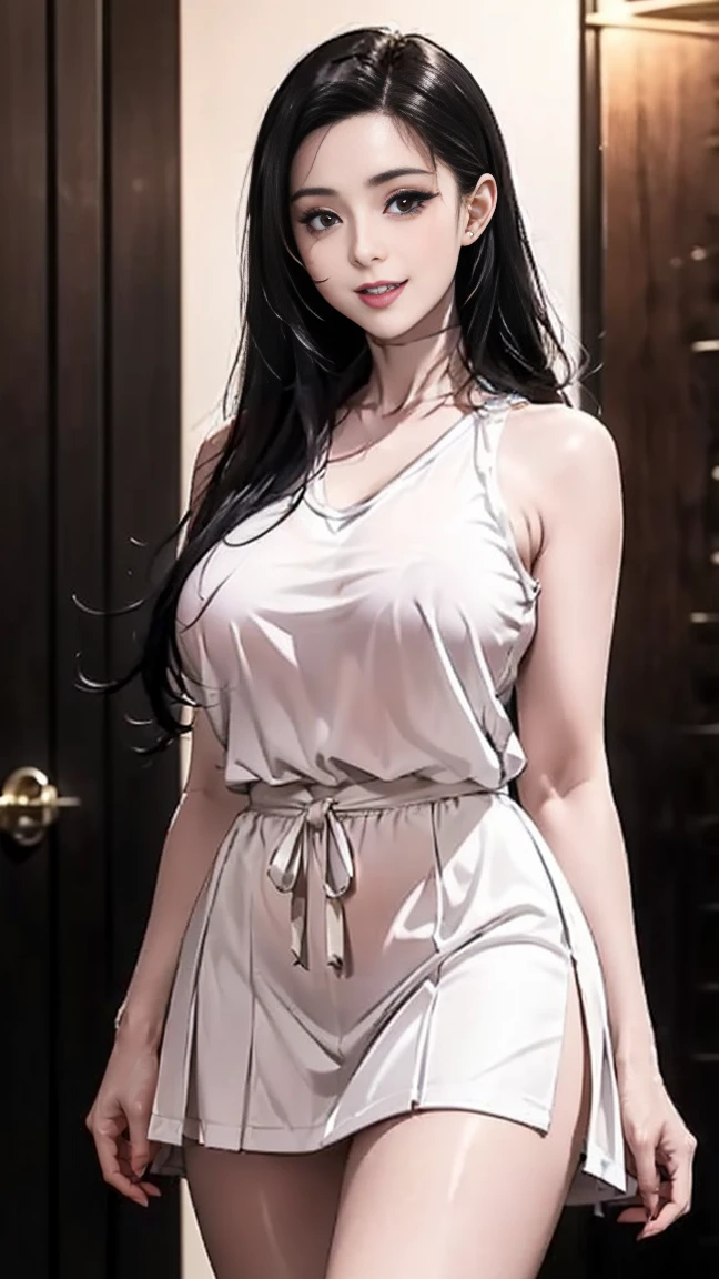 [Masterpiece, Best Quality] 1. One Beautiful Girl: A radiant beauty with captivating black hair cascading down to her waist, her long locks adorned with delicate patterns and intricate details. Her skin, shinny and flawless, boasts a subtle red blush, hinting at a charming blush that accentuates her beauty allure. Described as having very large, full breasts, she wears a white shirt that clings to her figure, showcasing her curvaceous figure and a generous cleavage. The shirt is tucked neatly into a pleated skirt with a very short hem, revealing a glimpse of her see-through under