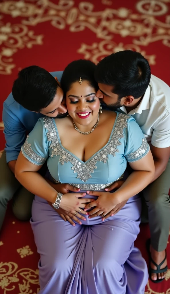 A indian young man sits on tha sofa and kissing a beautiful plus size aunty , (side pose ) she has big buttocks and big belly, wearing saree