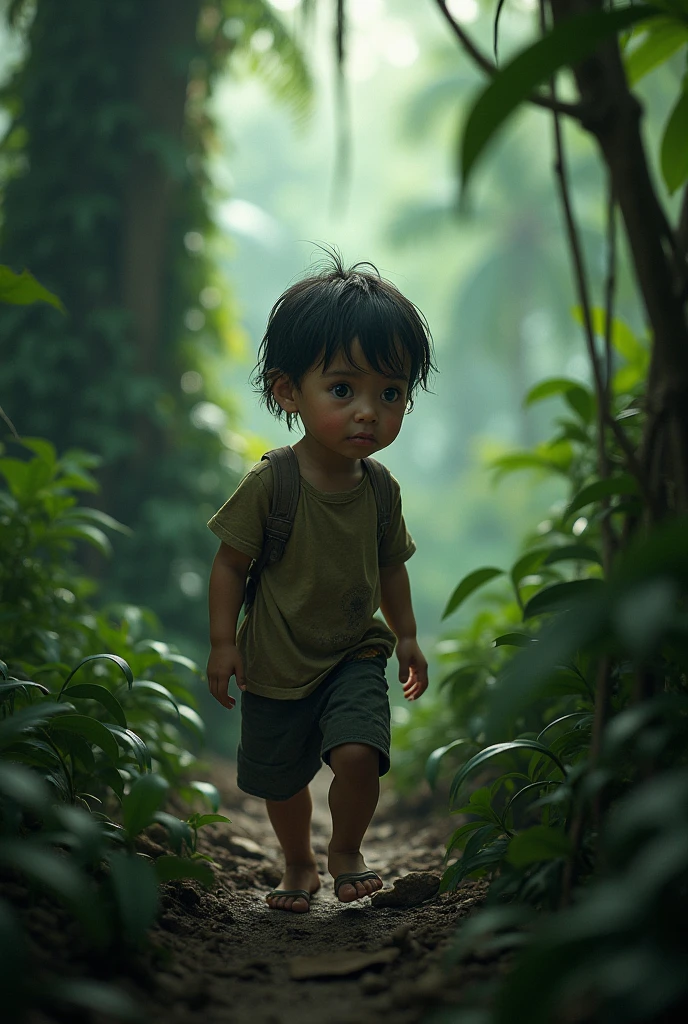 Honest young boy with hard working at jungle