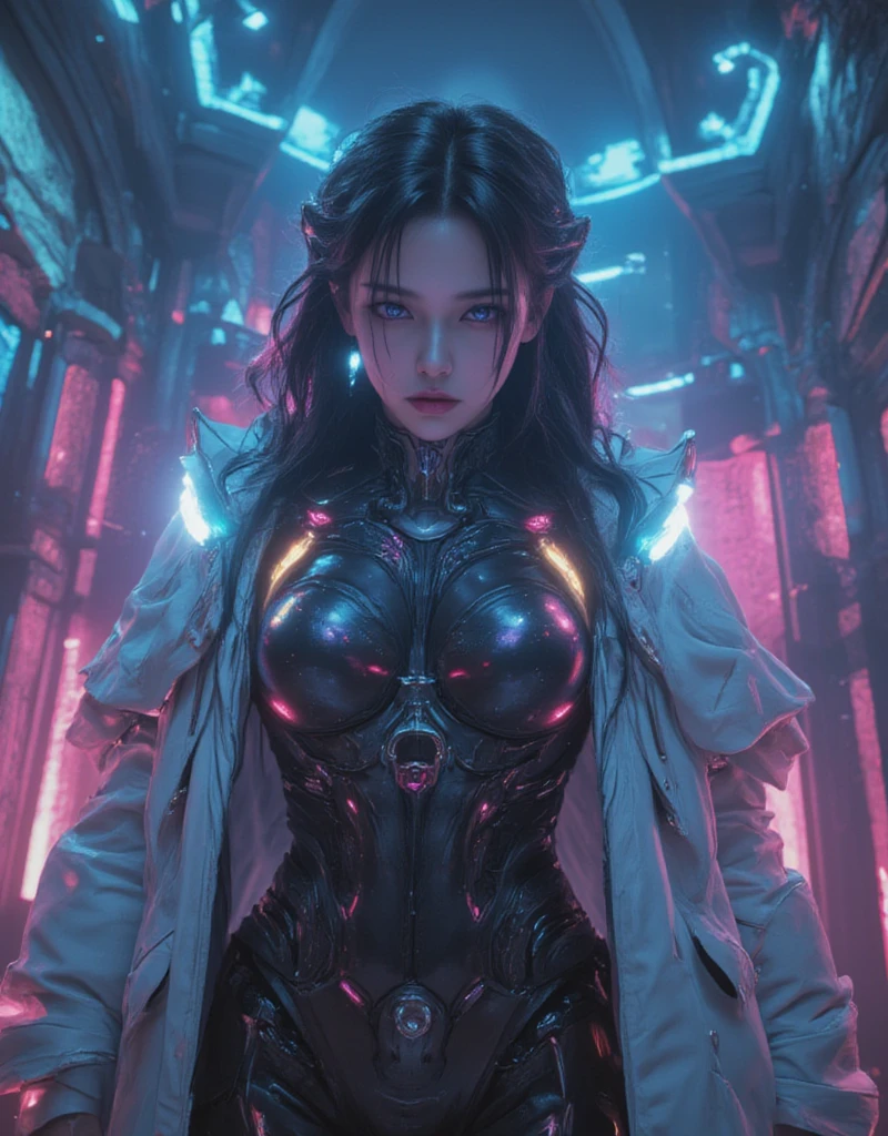 In the world of Warframe, Johanna de Armas emerges as a young woman, her form encased in a neon genesis evangelion style plugsuit, a testament to advanced futuristic exoskeletons. The exosuit, a fusion of futuristic baroque and rococo cyberpunk, is a marvel of design, featuring a white puffer jacket that adds a touch of elegance to her formidable appearance.
She stands in an opulent gothic cyber church, bathed in neon lights that cast dramatic shadows, emphasizing the off-center composition of the scene. The atmosphere is thick with the essence of retro cyberpunk art, reminiscent of the works by Keos Masons, and the painting style of Richard Gerstl, known for his vibrant expressionism and emotive, psychological intensity.
The street art and graffiti around her, with their vibrant colors and urban themes, reflect an 80's inspired synthwave aesthetic. The scene is a tapestry of neon, vibrant, and detailed elements that capture the essence of retro futurism. The shallow depth of field, vignette effect, and highly detailed rendering create a moody, epic atmosphere, reminiscent of a high-budget cinematic production.
The bokeh effect, cinemascope framing, and the addition of film grain give the image a grainy texture, enhancing its cinematic quality and adding to the overall gorgeousness of the scene. This is a world where technology and art collide, creating a visual spectacle that is both intense and beautiful.