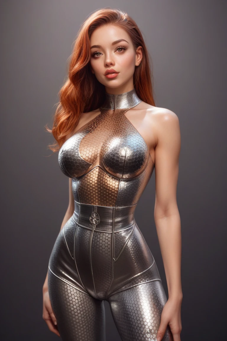 A woman with a perfect body, (tall and slender:1.5), detailed face, detailed eyes, detailed lips, detailed chest, highest quality, masterpiece, light colored skin, long straight chestnut hair with subtle auburn highlights, oblong face, bright hazel eyes, sensual lips, full lips, glossy lips, wearing a metallic catsuit with a honeycomb texture, keyholes, (very narrow shoulders:1.8), perfect breasts, (very tiny waist:1.8), perfect hips, perfect ass, hyper-sexy pose