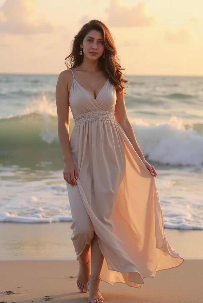 (High resolution photo, bust, 1 girl, 28 years old, woman, facial details, baby fat, waist accessories, smile, showing less teeth, white skin, full body, pink dress, model pose, at the beach)