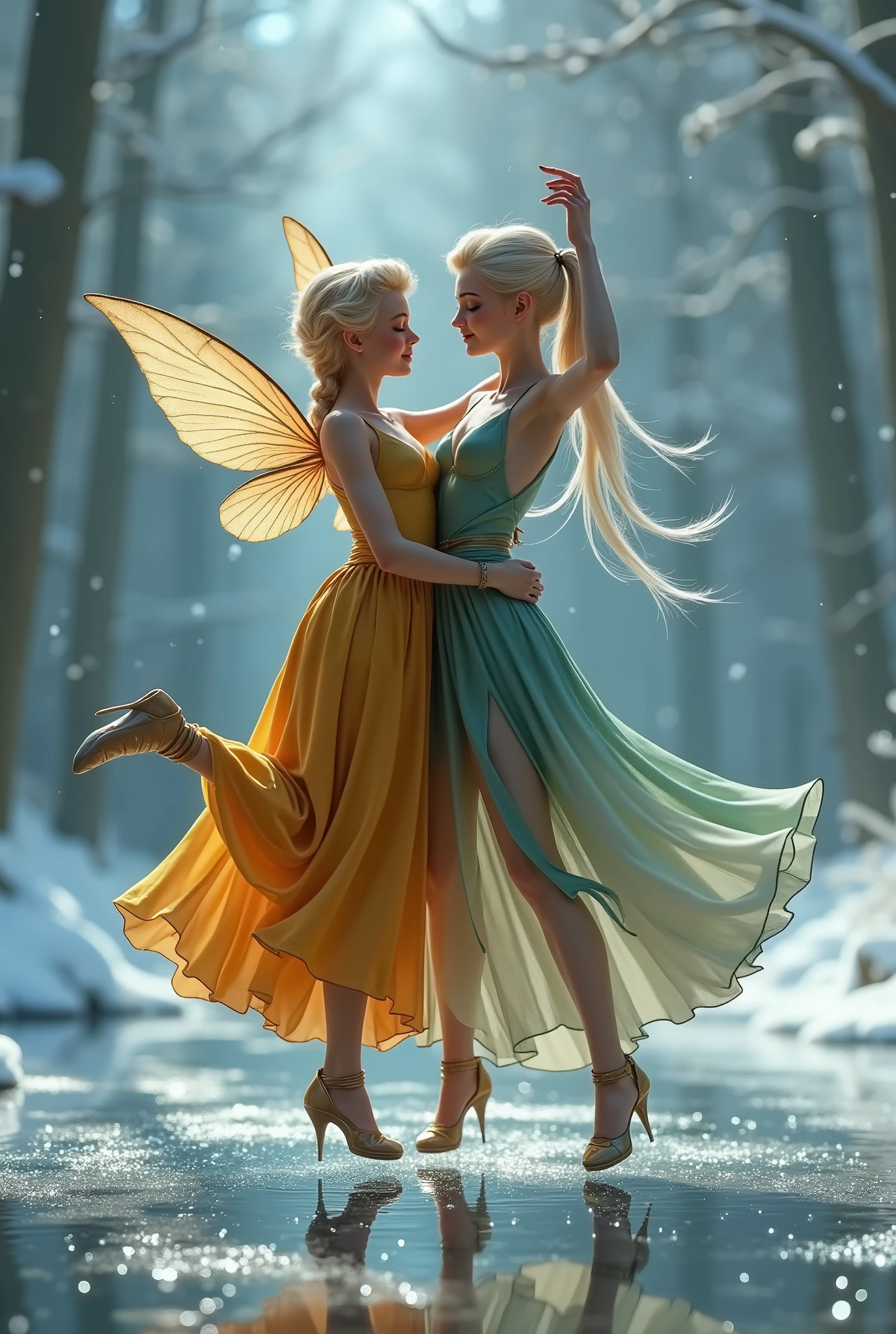 A beautiful dance on ice featuring two elfs, dressed in glossy dresses, realistic and fantastical atmosphere, ethereal lighting, intricate details, whimsical background, soft glows, elegant poses, magical winter scenery