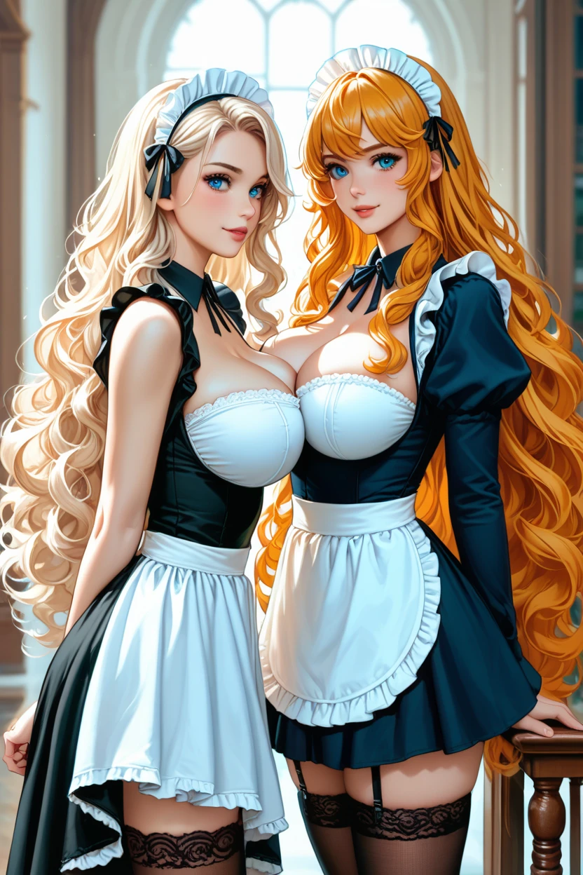 (8K ,hyper-detailing,A masterpiece of hyper-realistic photography,natural,Perfect artwork,Perfect female body),Two cute busty girls),Gorgeous and luxurious palace,Virtual Showcase,Long white hairstyle,Cute and beautiful girl,Tube top loose maid outfit,loose apron,nurse woman,Sexy maid,embedding,cool apron,larger lines,slovenly,stretch the meat,marmalade,Obscenity exposed ,titmouse,fully body photo