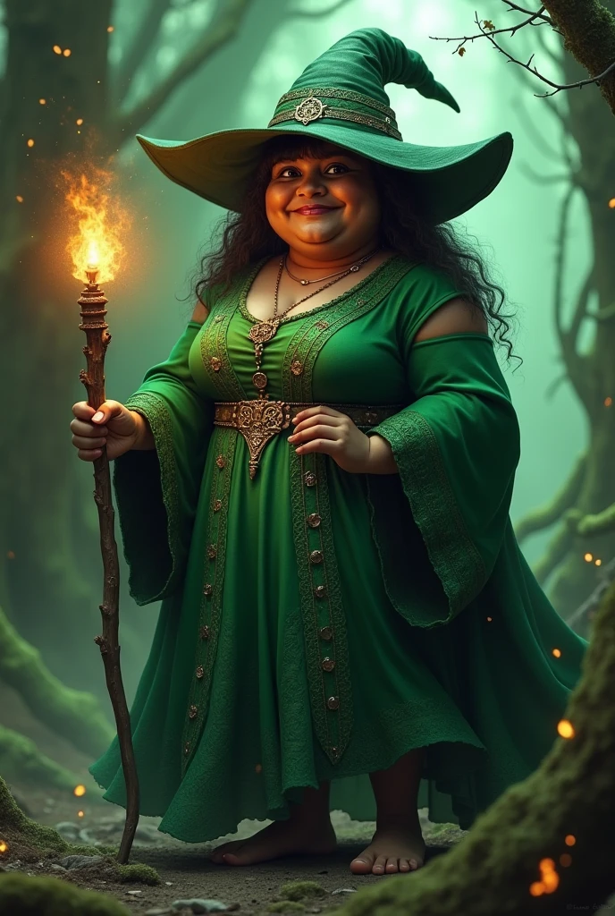 Witch, black pointy hat, green skin, big breast, huge hips, fat, black gown, bare feet, tickle