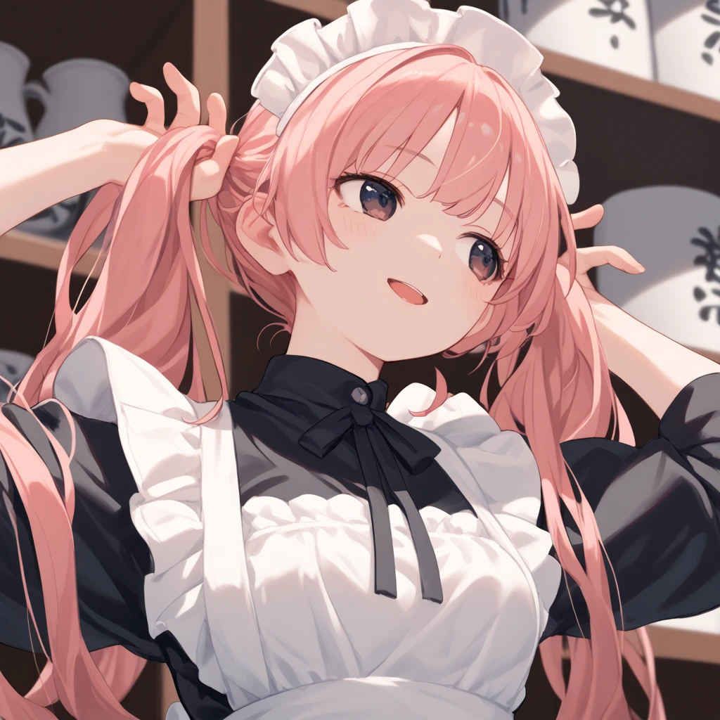 (masterpiece:0.7), ( top quality:1.1),
(Shincos:0.5),( by Ninjenmame :0.5),(」:0.5),
 One Girl ,Alone, medium chest, Maid, Maid headdress,
 bundles hair , twin tails , from below,  upper body,  Looking Ahead ,  pink hair,  dark eyes, seductive smile full of confidence々, Shelf lined with sake ,  open your mouth, Bow-shaped hair,,