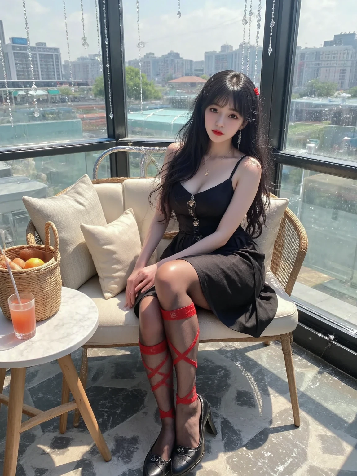 A young woman is sitting elegantly on a modern indoor sofa。She has long black hair，It falls softly on both sides of the shoulders。The woman is wearing a black sleeveless dress，The length of the skirt is to the middle of the thigh。She is wearing a pair of black stockings on her legs，The upper part of the stockings is decorated with red garters，It's very sexy。She is wearing a pair of black high heels，The heel is slender，Increased her height。
The sofa is light beige，There is a light beige cushion next to it。There is a small round coffee table in front of the sofa，There is an orange drink and a woven basket on the coffee table，The basket seems to contain some food。There is a large window in the background，Some buildings and outdoor tables and chairs can be seen outside the window。There is a metal railing next to the window，Some crystal decorations are hung on the railing。The floor is black and white geometric pattern tiles，The whole scene looks fashionable and modern。