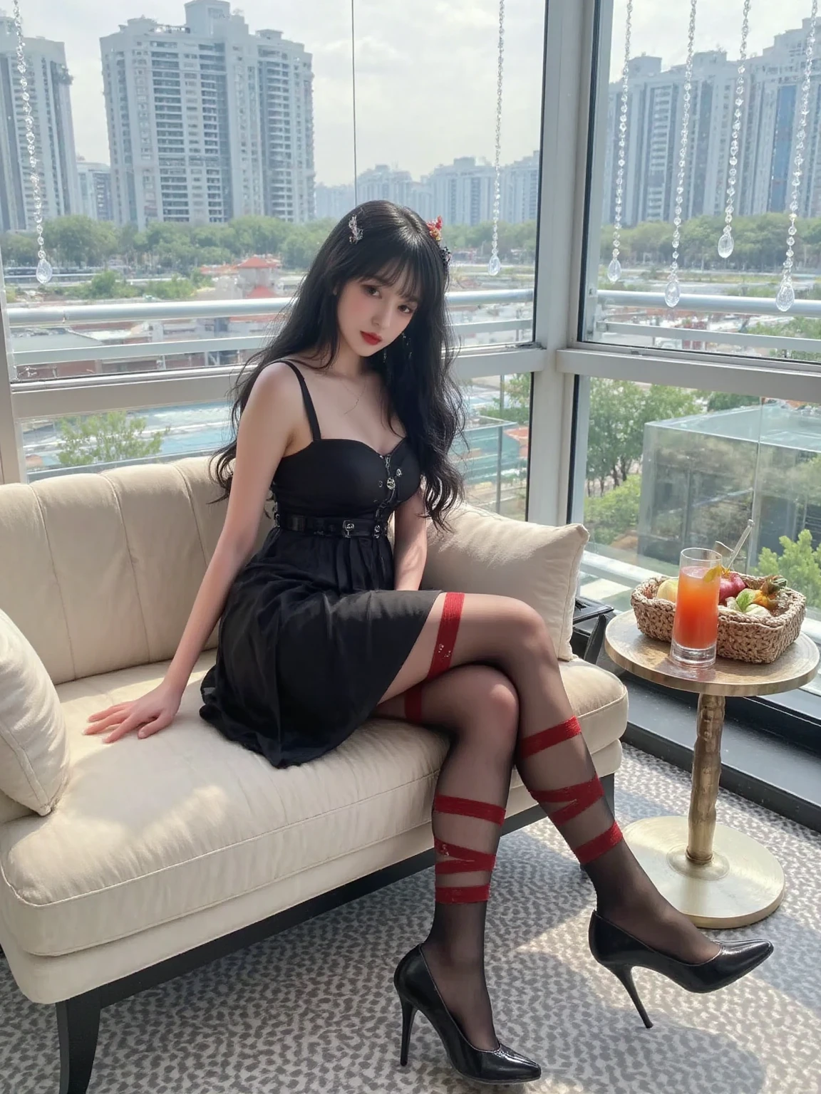 A young woman is sitting elegantly on a modern indoor sofa。She has long black hair，It falls softly on both sides of the shoulders。The woman is wearing a black sleeveless dress，The length of the skirt is to the middle of the thigh。She is wearing a pair of black stockings on her legs，The upper part of the stockings is decorated with red garters，It's very sexy。She is wearing a pair of black high heels，The heel is slender，Increased her height。
The sofa is light beige，There is a light beige cushion next to it。There is a small round coffee table in front of the sofa，There is an orange drink and a woven basket on the coffee table，The basket seems to contain some food。There is a large window in the background，Some buildings and outdoor tables and chairs can be seen outside the window。There is a metal railing next to the window，Some crystal decorations are hung on the railing。The floor is black and white geometric pattern tiles，The whole scene looks fashionable and modern。