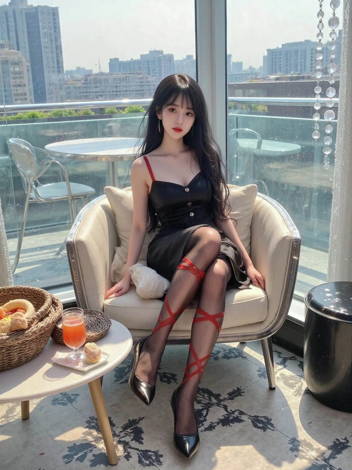 A young woman is sitting elegantly on a modern indoor sofa。She has long black hair，It falls softly on both sides of the shoulders。The woman is wearing a black sleeveless dress，The length of the skirt is to the middle of the thigh。She is wearing a pair of black stockings on her legs，The upper part of the stockings is decorated with red garters，It's very sexy。She is wearing a pair of black high heels，The heel is slender，Increased her height。
The sofa is light beige，There is a light beige cushion next to it。There is a small round coffee table in front of the sofa，There is an orange drink and a woven basket on the coffee table，The basket seems to contain some food。There is a large window in the background，Some buildings and outdoor tables and chairs can be seen outside the window。There is a metal railing next to the window，Some crystal decorations are hung on the railing。The floor is black and white geometric pattern tiles，The whole scene looks fashionable and modern。