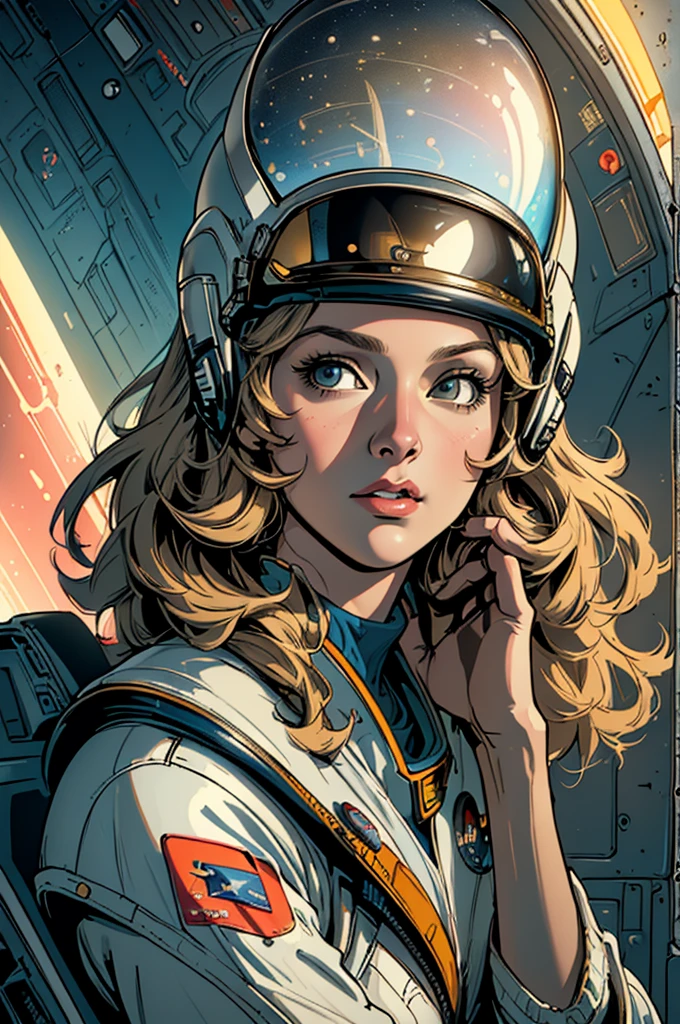 (((Top Quality Masterpiece ))),(((solo:1.2))),((( 1 woman :1.2))), 32K Highly Detailed Wallpaper , Retro Vintage Style ,(dynamic Angles),((( overwhelming highlights))),((most complex machine)),American Comics Touch , 80s space thriller movie poster,(((Detailed and perfect woman ))),((( bust up))),(((full face helmet space shuttle satellite)))