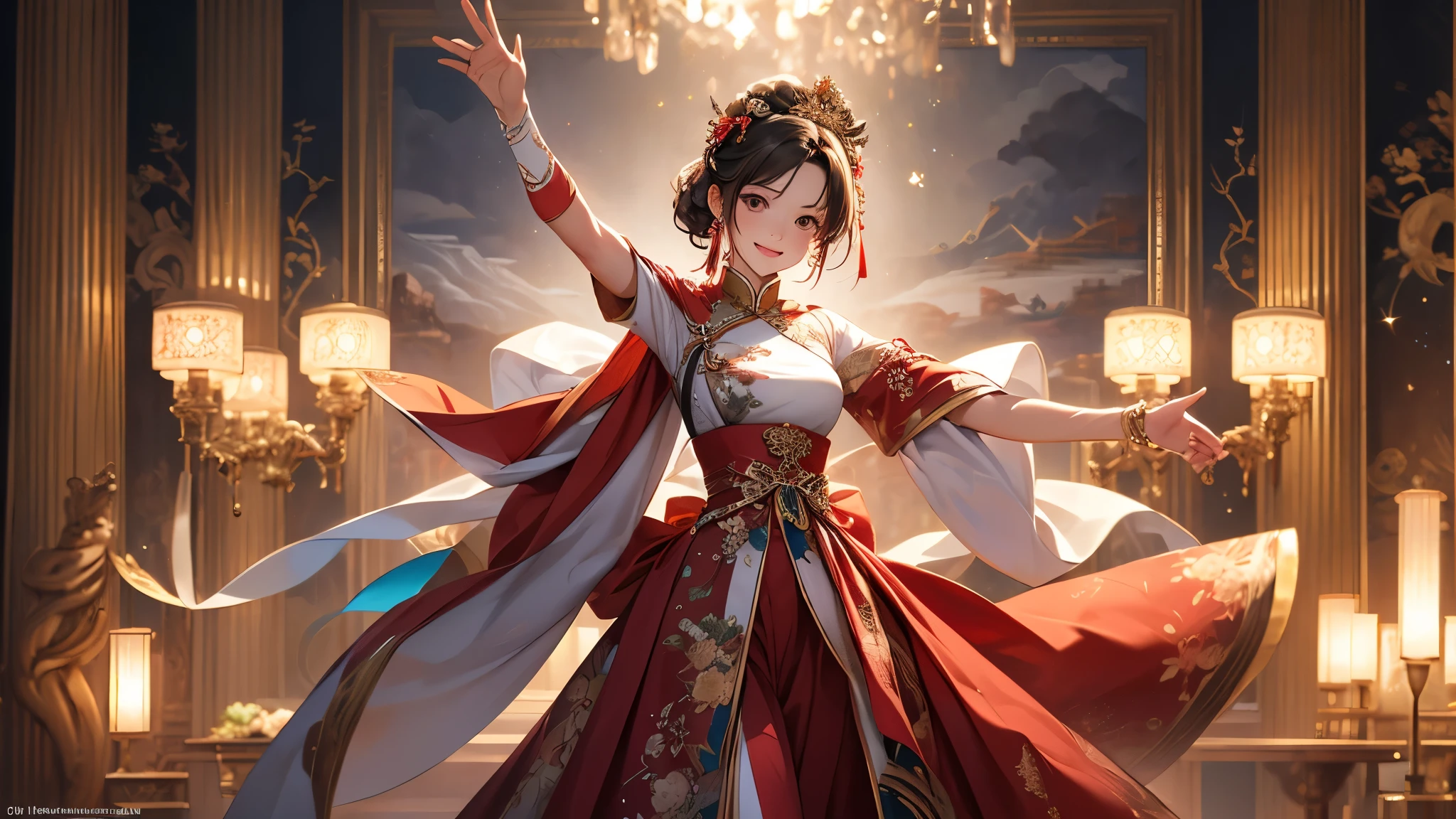(( top quality)),( ultra high definition),( more details),( detailed description ),(( best CG )),( Best Artwork ), Ultra Precision Art,素晴らしい絵画アート,(Exquisite art:1.5), woman, Chinese dance dress , spinning with arms outstretched, smile, long bows on both wrists , Sparkling rainbow colors ,