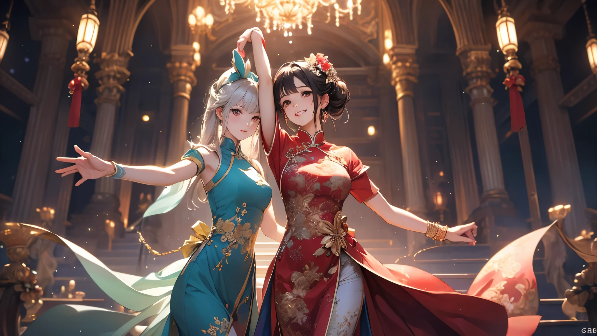 (( top quality)),( ultra high definition),( more details),( detailed description ),(( best CG )),( Best Artwork ), Ultra Precision Art,素晴らしい絵画アート,(Exquisite art:1.5), woman, China dress for dance , going around with arms outstretched, smile, long bows on both wrists , Sparkling rainbow colors ,