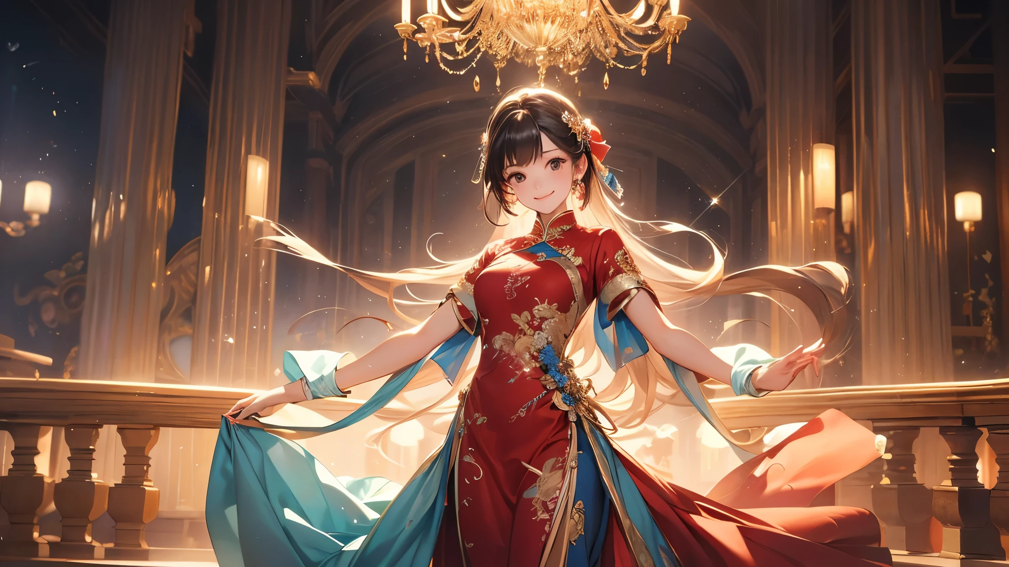 (( top quality)),( ultra high definition),( more details),( detailed description ),(( best CG )),( Best Artwork ), Ultra Precision Art,素晴らしい絵画アート,(Exquisite art:1.5), woman, Chinese dance dress ,  spinning with arms outstretched, smile,  long bows on both wrists , Sparkling rainbow colors ,