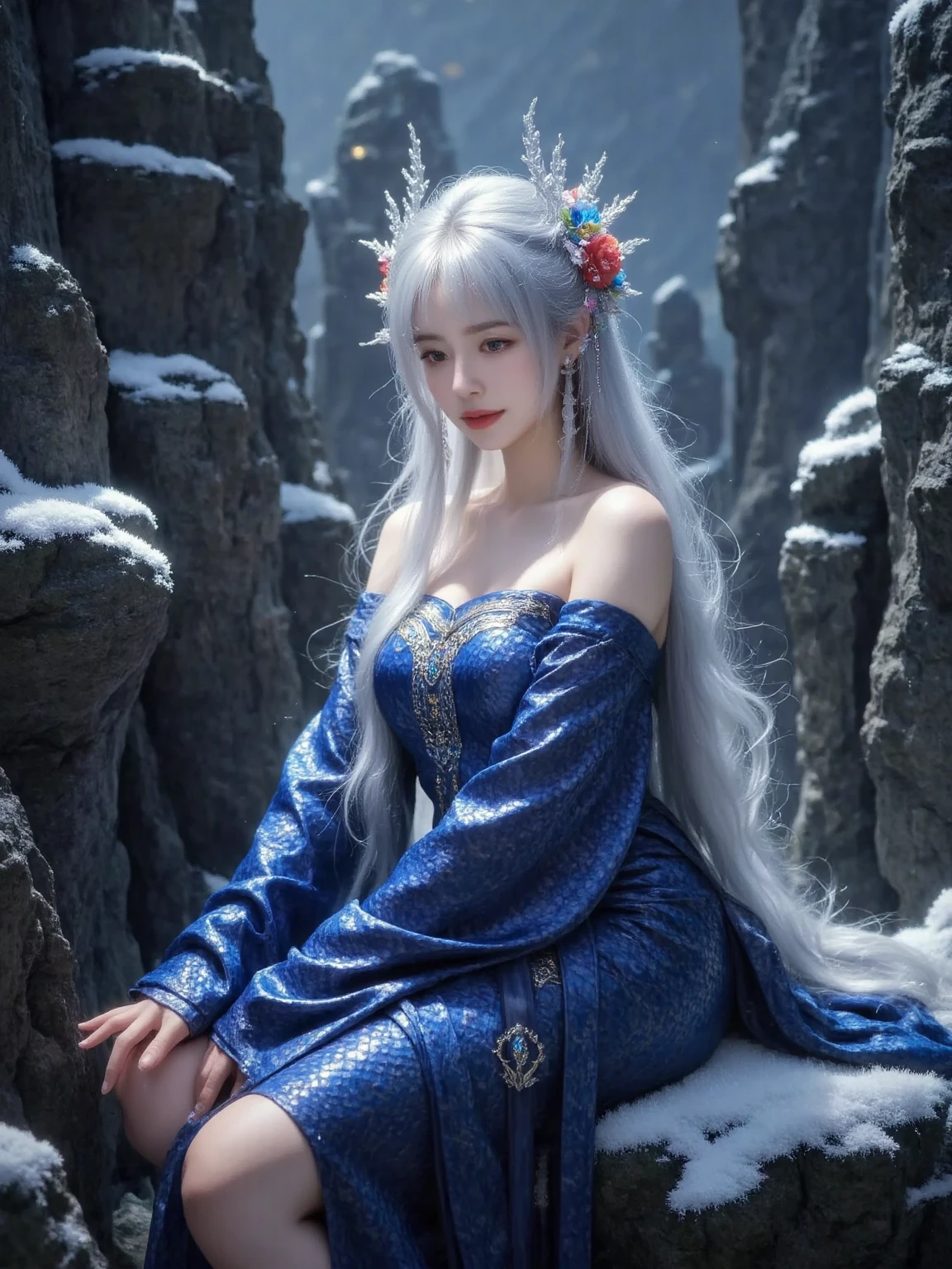  This image depicts a female character of a  in a blue costume。Her clothes are exquisitely designed ， scaly patterns on the sleeves ， gives a sense of mystery and elegance 。 Her long hair shawl ， The hair is decorated with beads ，It looks very gorgeous。 The background is a dark color in the blurry forest ， to highlight the character's image 。 The overall atmosphere is full of fantasy colors ， A work that may belong to some mythical or fantasy theme 。