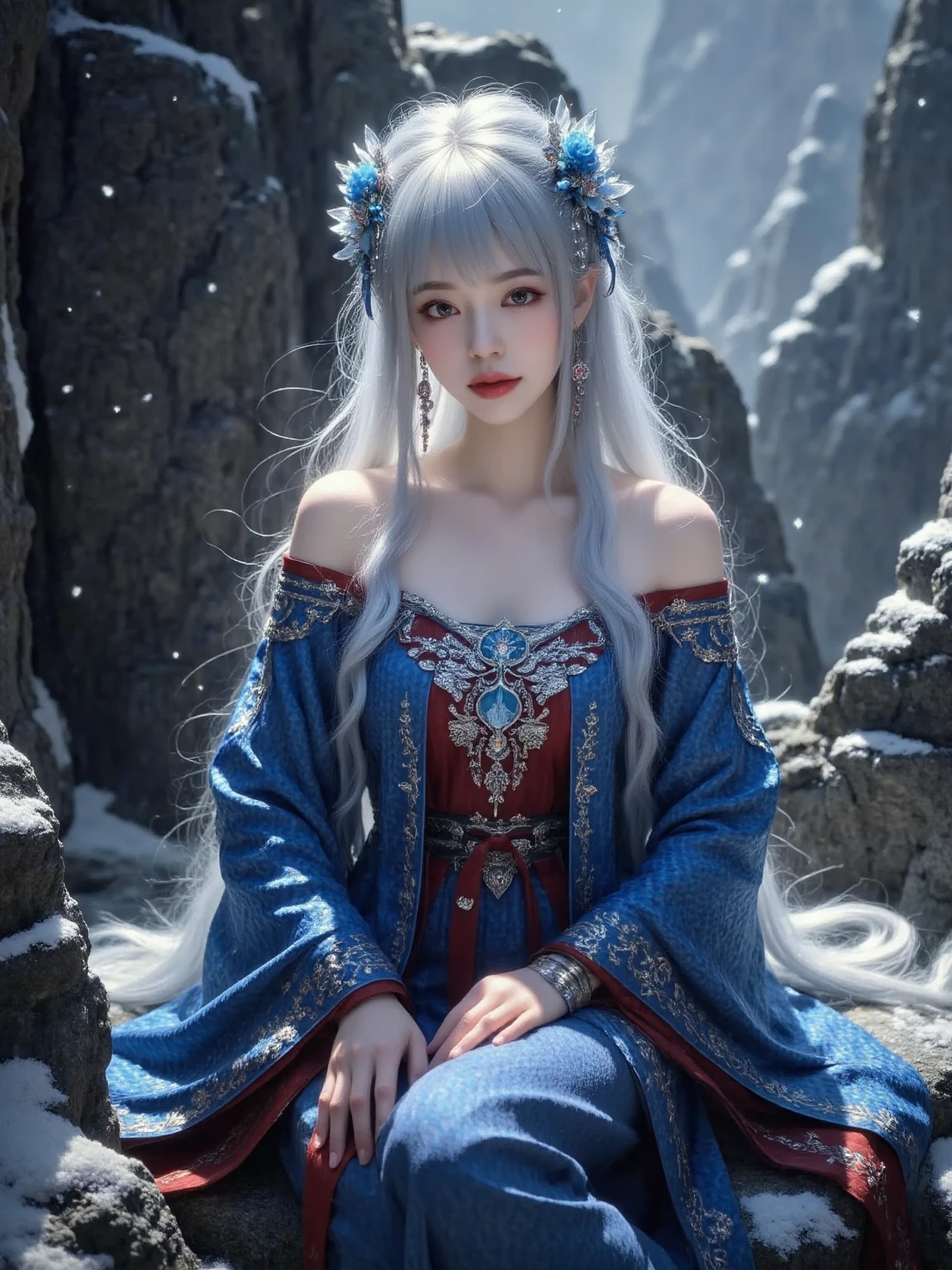  This image depicts a female character of a  in a blue costume。Her clothes are exquisitely designed ， scaly patterns on the sleeves ， gives a sense of mystery and elegance 。 Her long hair shawl ， The hair is decorated with beads ，It looks very gorgeous。 The background is a dark color in the blurry forest ， to highlight the character's image 。 The overall atmosphere is full of fantasy colors ， A work that may belong to some mythical or fantasy theme 。