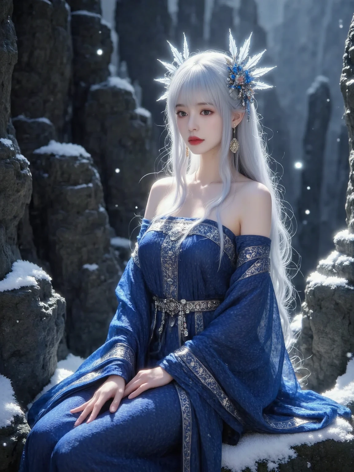  This image depicts a female character of a  in a blue costume。Her clothes are exquisitely designed ， scaly patterns on the sleeves ， gives a sense of mystery and elegance 。 Her long hair shawl ， The hair is decorated with beads ，It looks very gorgeous。 The background is a dark color in the blurry forest ， to highlight the character's image 。 The overall atmosphere is full of fantasy colors ， A work that may belong to some mythical or fantasy theme 。