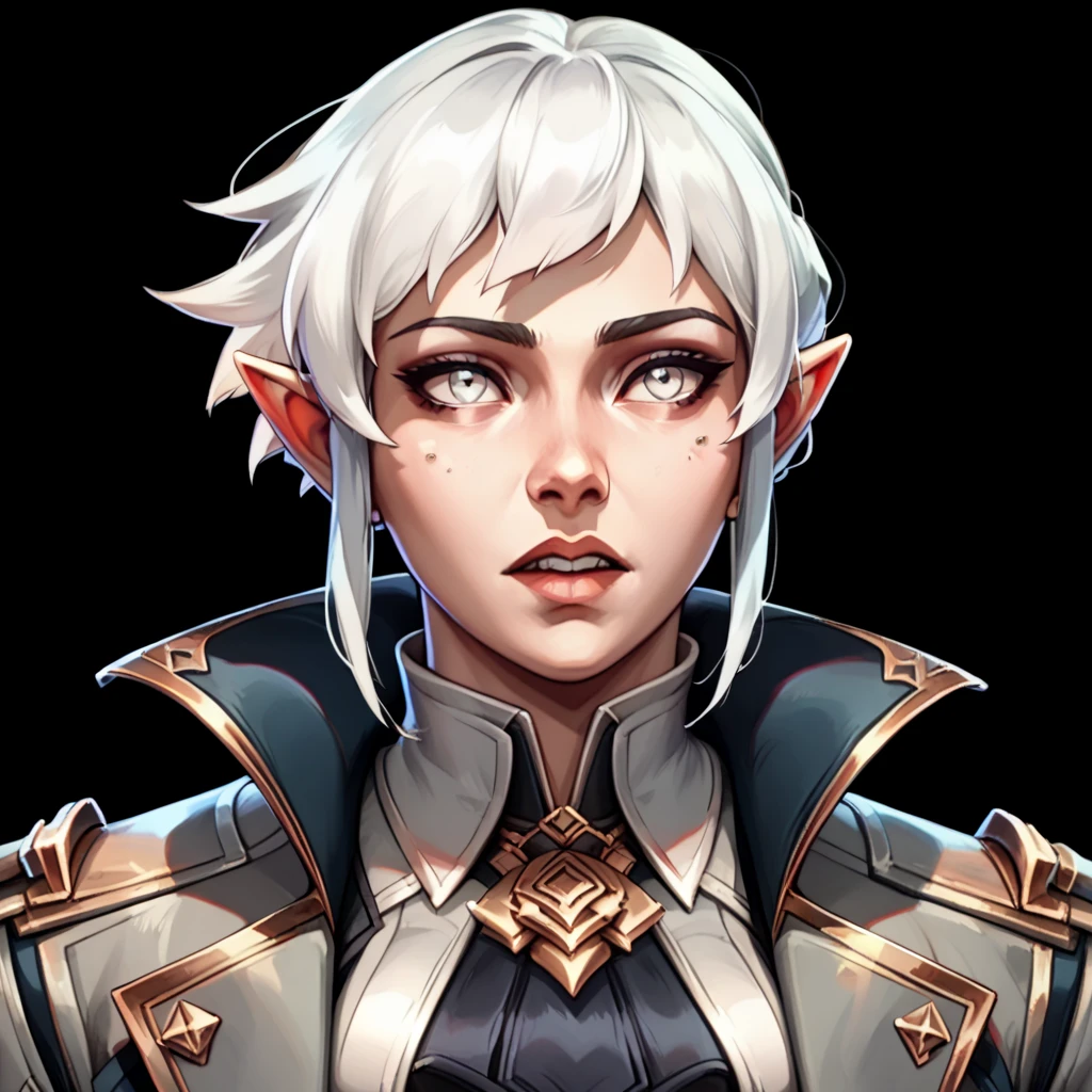 one woman, briar from league of legends, (pale eyes:1.2), (grey skin:1.2), short hair, white hair, pointy ears, pointy teeth, (upper body:1.3), (black background, clear background:1.5), (grey military jacket:1.2), (studio lights, deep shadows:1.3), (big chest:1.2)