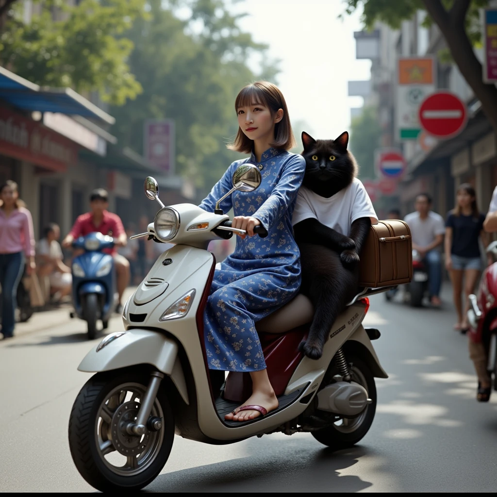 ultra-realistic, photorealistic, dramatic scene, shadow, global-illumination, solo, 1 girl\( 20 years old Japanese beautiful girl, beautiful with cute face, wearing snow patterned blue ao dai, shoulder-length brown hair, accessories, Vietnamese Non La hat\), 1 human-like giant black cat\( human-like giant black cat, white shirt with short sleeves, slight taller than the girl, holding a large suits case, little chubby, sitting on the rear seat of the scooter\), the girl is riding a Honda scooter with human-like giant black at the downtown street in Ho Chi Minh city in 2000, Cluttered streets, people walking on the sidewalks, rows of miscellaneous buildings, trees, Crowded with many motorcycles and scooters, (shoot from side)