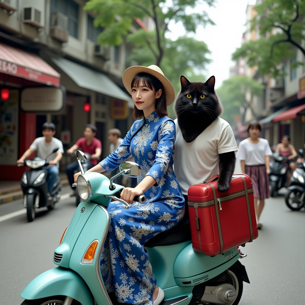 ultra-realistic, photorealistic, dramatic scene, shadow, global-illumination, solo, 1 girl\( 20 years old Japanese beautiful girl, beautiful with cute face, wearing snow patterned blue ao dai, shoulder-length brown hair, accessories, Vietnamese Non La hat\), 1 human-like giant black cat\( human-like giant black cat, white shirt with short sleeves, slight taller than the girl, holding a large suits case, little chubby, sitting on the rear seat of the scooter\), the girl is riding a Honda scooter with human-like giant black at the downtown street in Ho Chi Minh city in 2000, Cluttered streets, people walking on the sidewalks, rows of miscellaneous buildings, trees, Crowded with many motorcycles and scooters, (shoot from side)