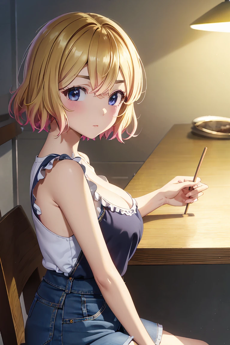 masterpiece, Highest quality anime illustrations, Super detailed,ultra high resolution、perfect lighting single girls, alone, Blonde、medium hair, anime , view at viewer,  cleavage in years、 show me your butt 、 black tank top、 sexy short denim skirt holding a lighted match stick、at night、peeing self