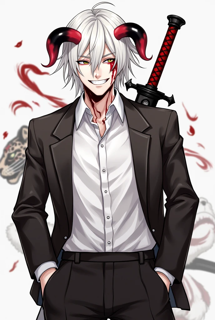 Boy, white hair, long straight hair, red eyes, wild smile, sharp teeth, pointed ears, beige skin, black stylish suit, red tribal tattoos, red facial tattoo, night on the streets, high details, high quality, 4K, anatomically correct