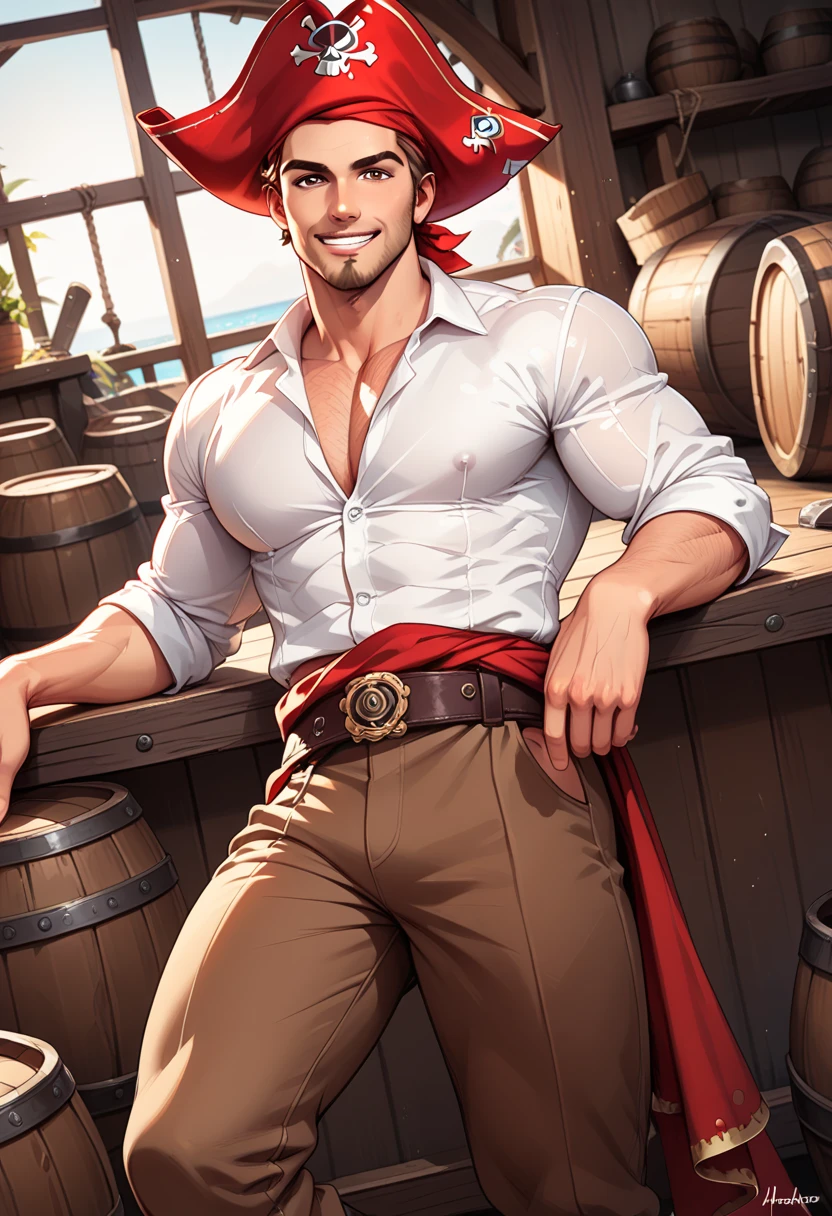 mixed_ Artistic Style ,  A man,  with pirate costume , wide black long pants, white shirt,  red band around the waist , black goatee,  brown eyes ,  thin and muscular , full angle , standing ,  one foot resting on a barrel, smile,  Mature man, Perfect anatomy