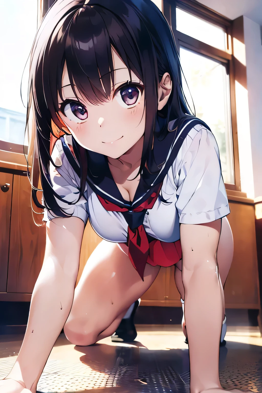 (extremely high quality artwork), (extremely detailed CG 8k), (masterpiece) ,(extremely cute girl), short, (innocent face), ((innocent smile)), shiny hair, (slim body), (small breasts), ((finely detailed beautiful eyes)), (eyes with brightness), look at viewer, (seductively posing on all fours on floor), (spread legs), ((nsfw)), ((school uniform)), (white sailor suit), ((cleavage)), ((no bra)), (((lower body is completely naked))), (((no panties))), beautiful skin, pale skin, shiny skin, (bright color), vibrant colors, natural light, (glare), 