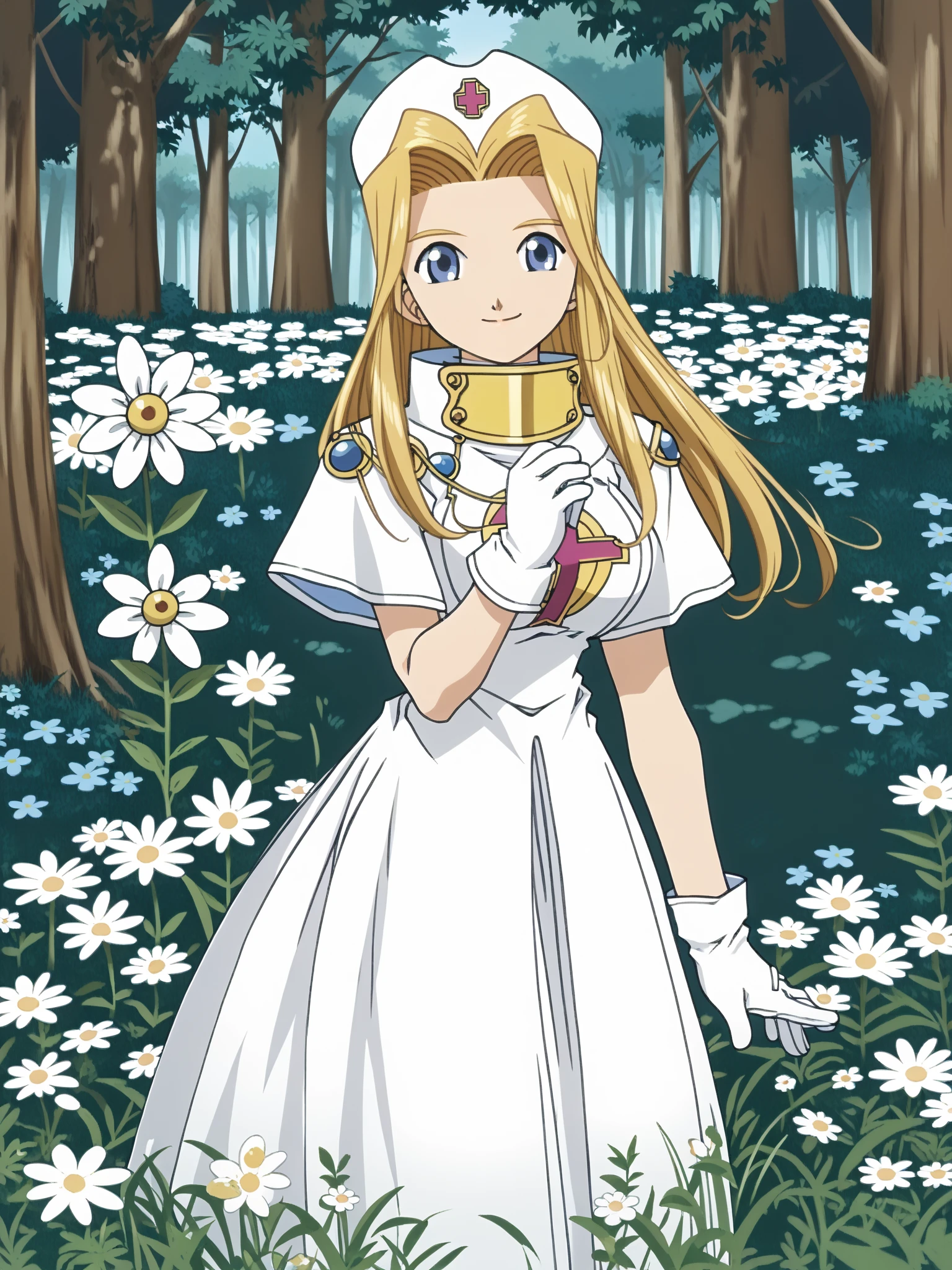 score_9, score_8_ up, score_7_ up,  source_anime, official art style, (((simple line and color))), (((flat color, Vector))),
((( from the front))), (((whole body,  big breasts, throw, portrait))),
(((closed smile))), (((forest, grassland, Flower Field))),

 Watching Viewers ,
Mint base , Blonde,  long hair,  blue eyes, white gloves, White Hat, white dress, zPDXL, zPDXL