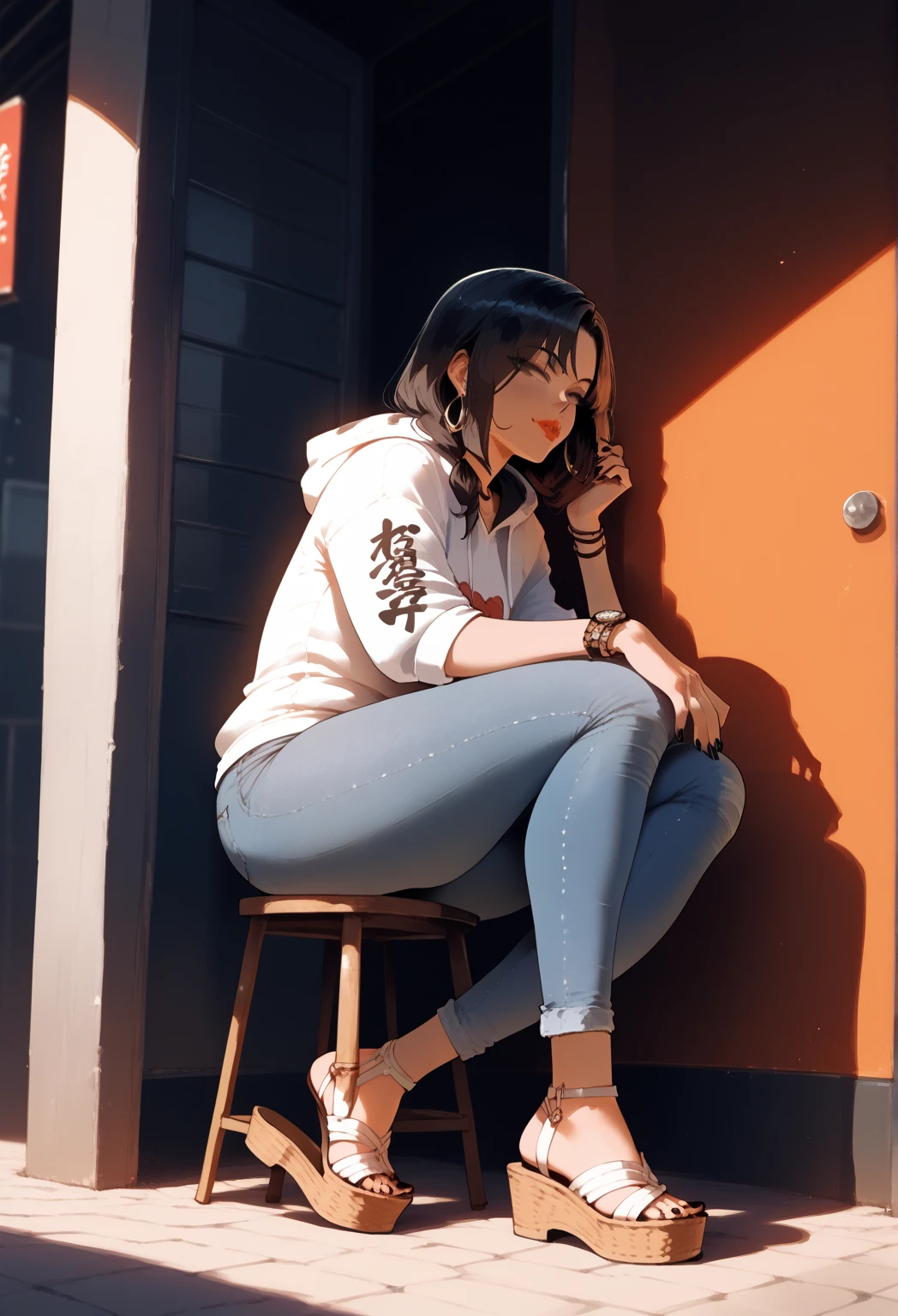 japanese woman,  hoodie, jeans, sandals, black nails, crossing legs
